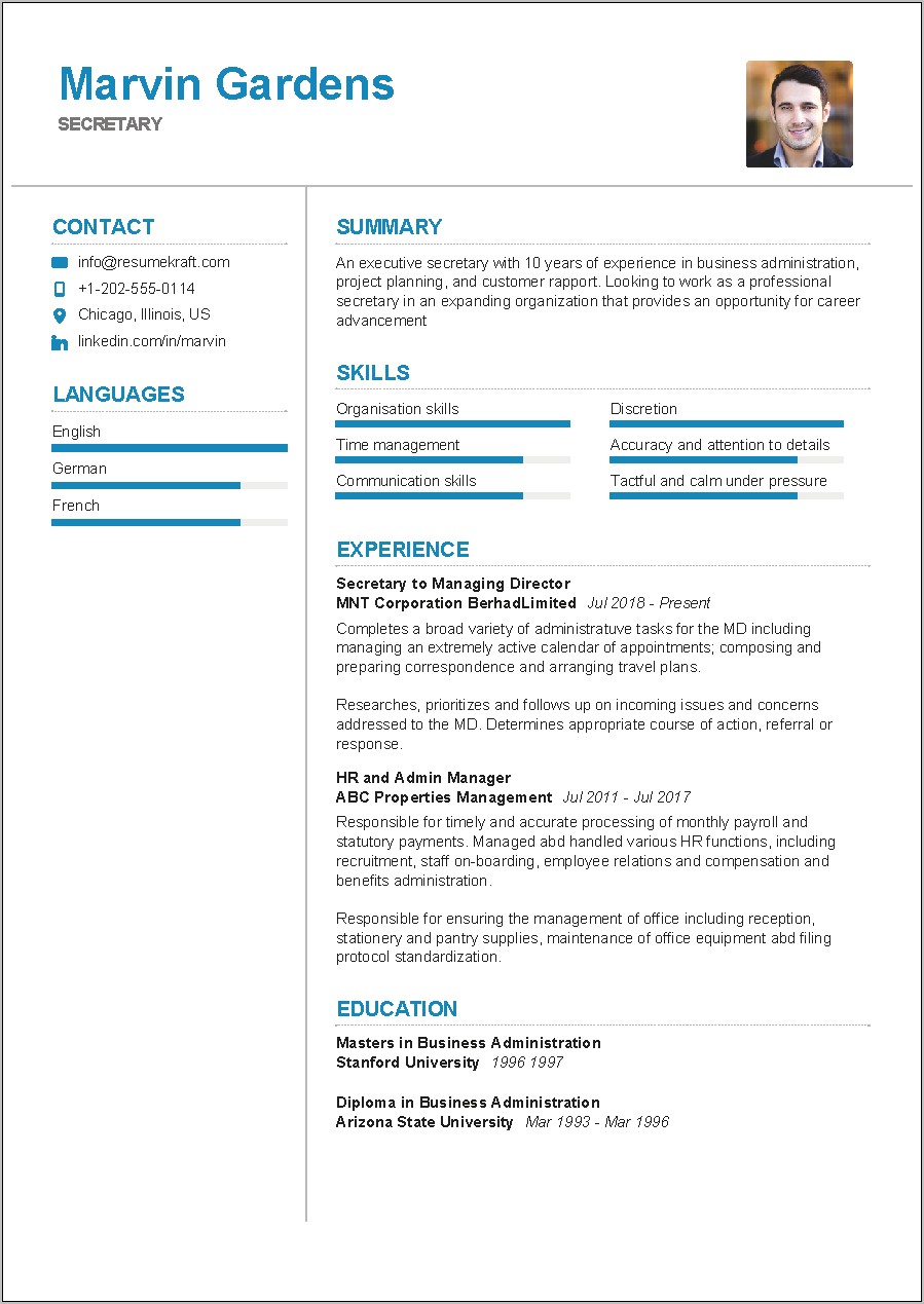 Sample Resume For Secretary Position