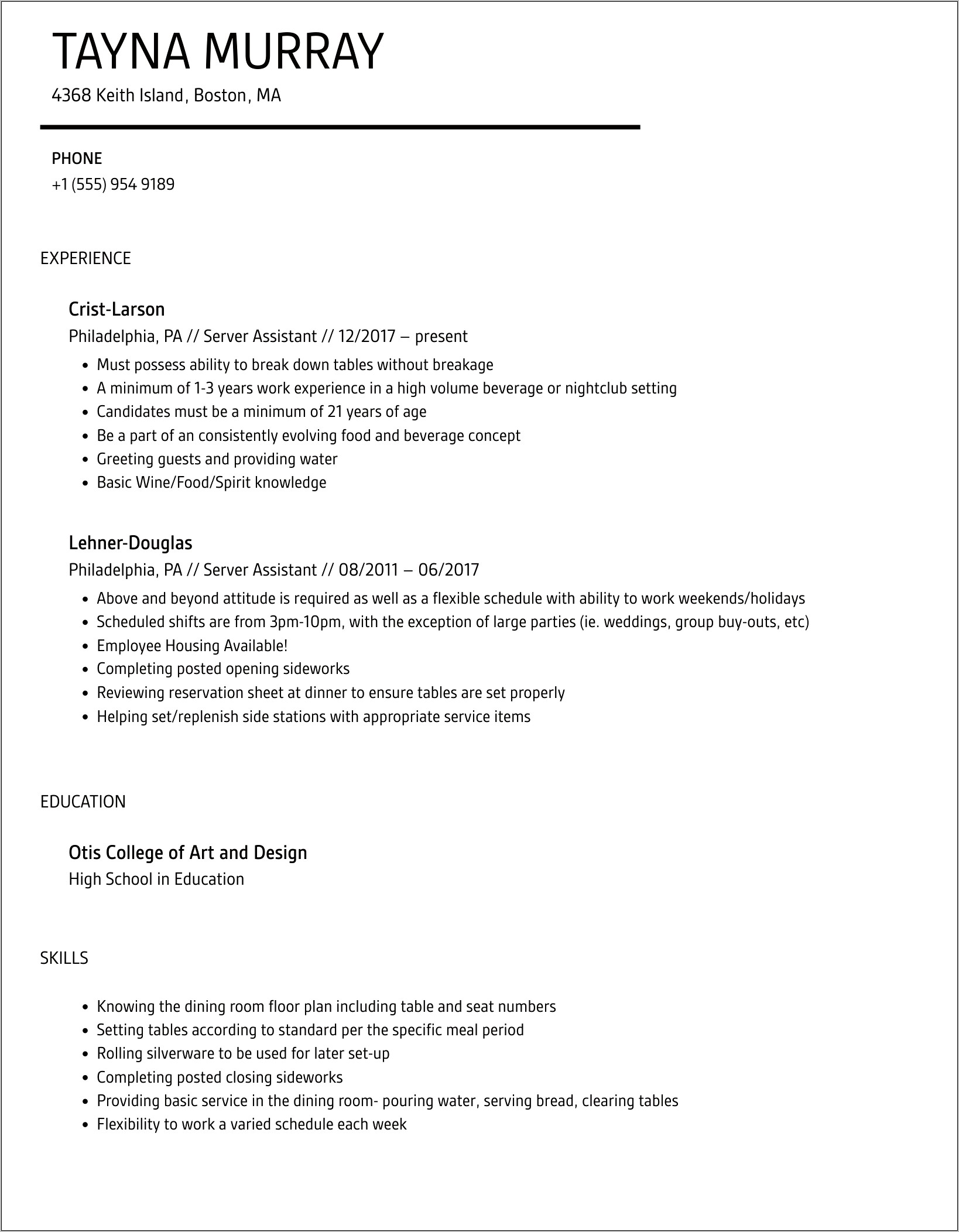 Sample Resume For Server Assistant