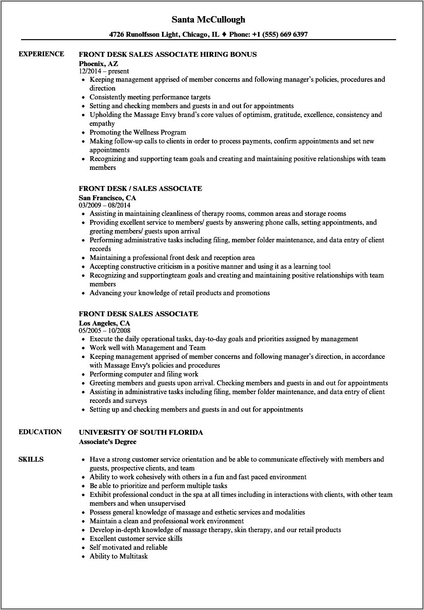 Sample Resume For Spa Receptionist