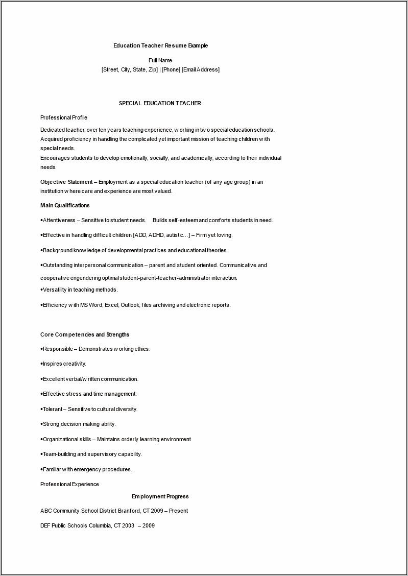 Sample Resume For Sped Teachers