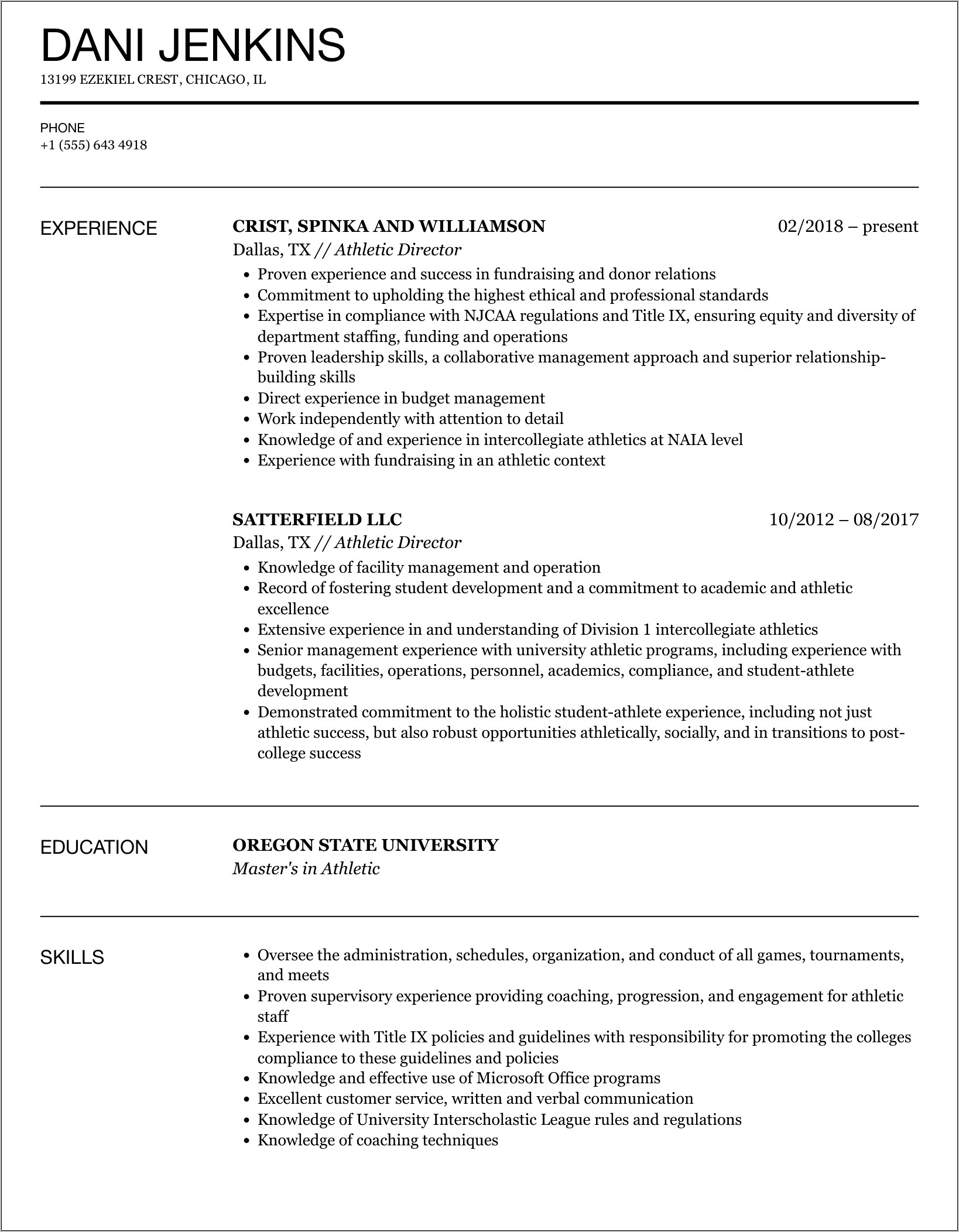 Sample Resume For Sports Coordinator