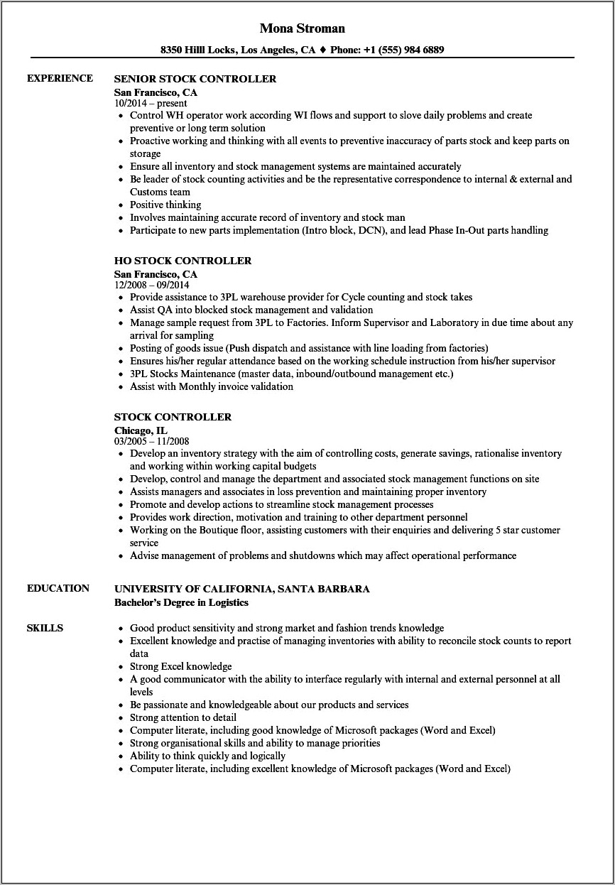 Sample Resume For Store Controller