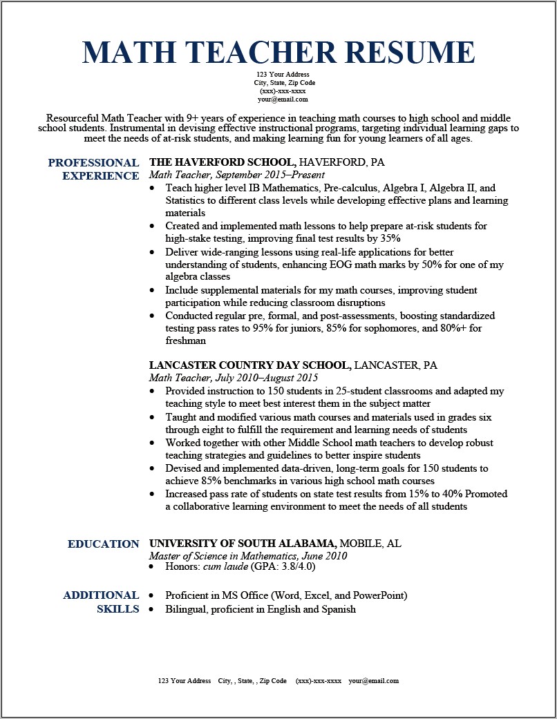 Sample Resume For Teachers Freshers