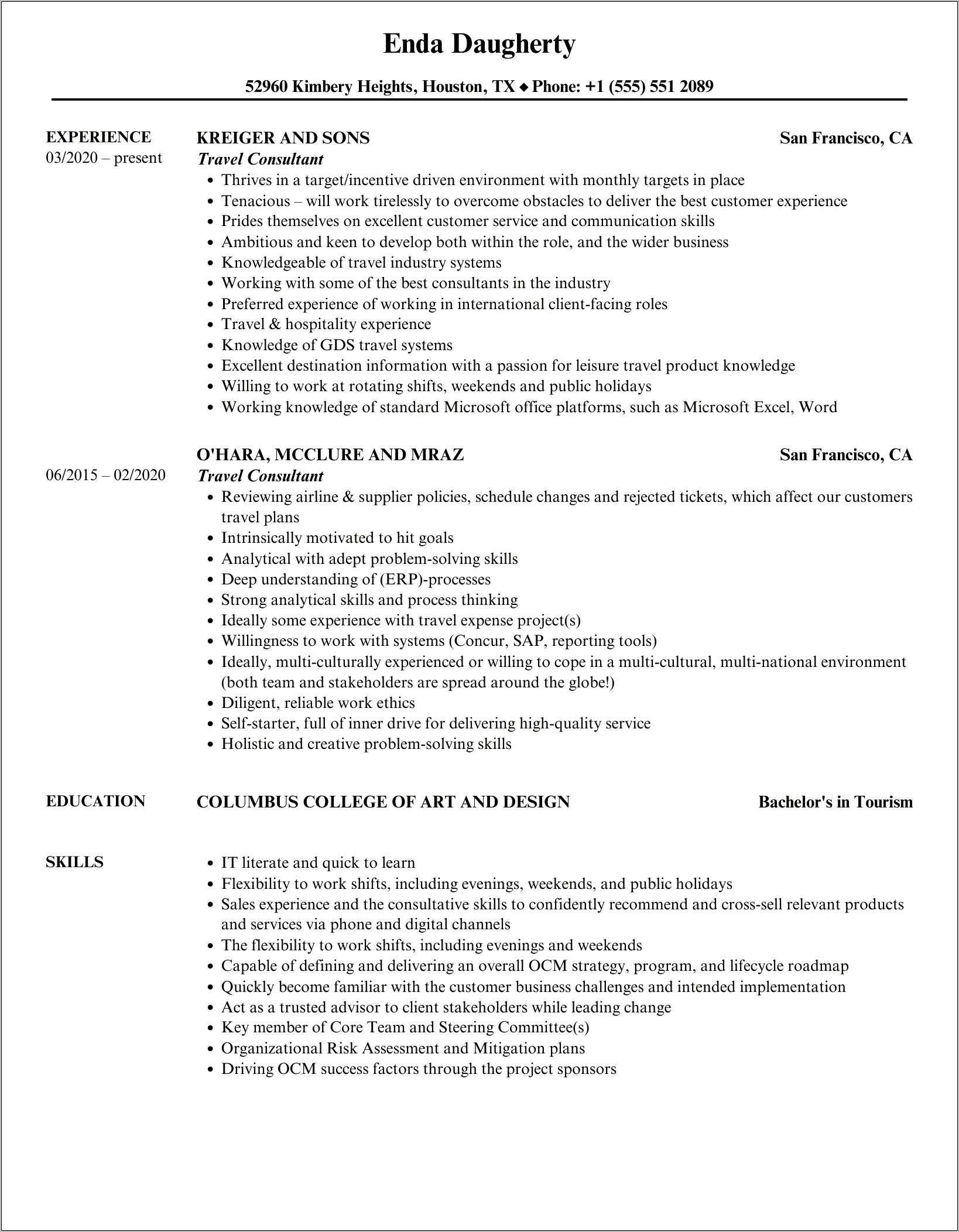 Sample Resume For Travel Consultant