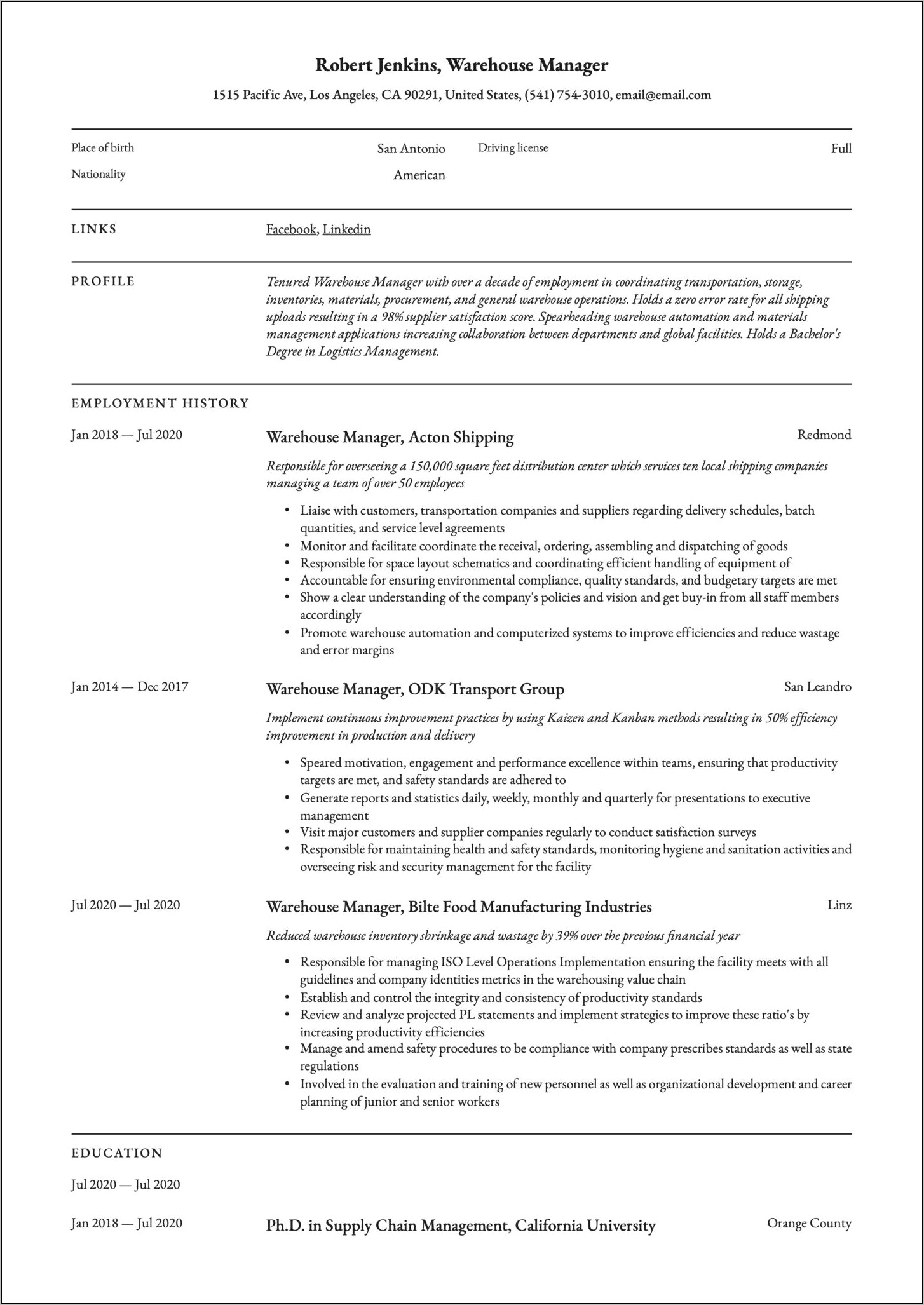 Sample Resume For Warehouse Executive