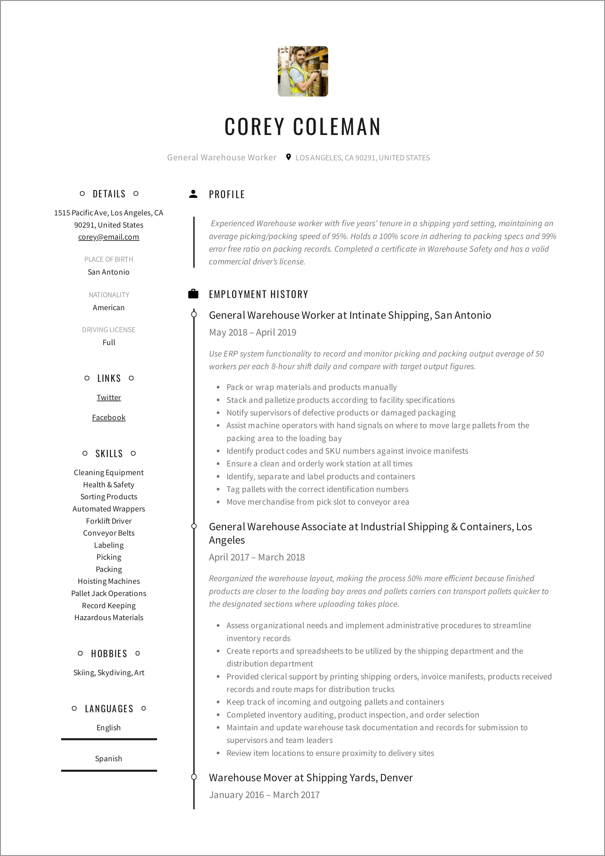 Sample Resume For Warehouse Laborer