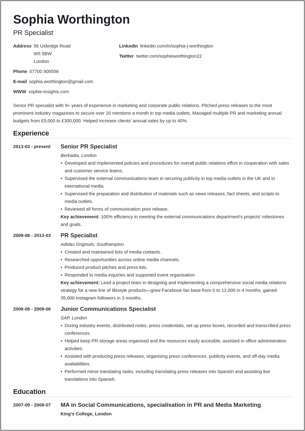 Sample Resume For Work Application