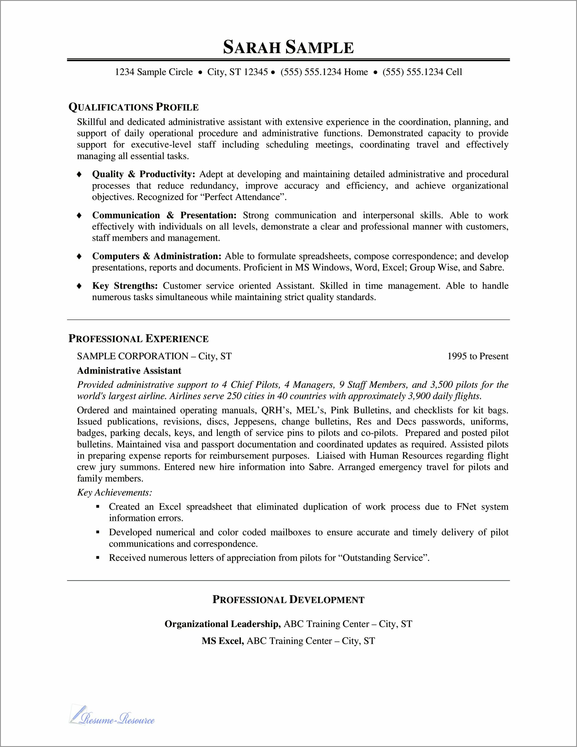 Sample Resume Format Administrative Assistant