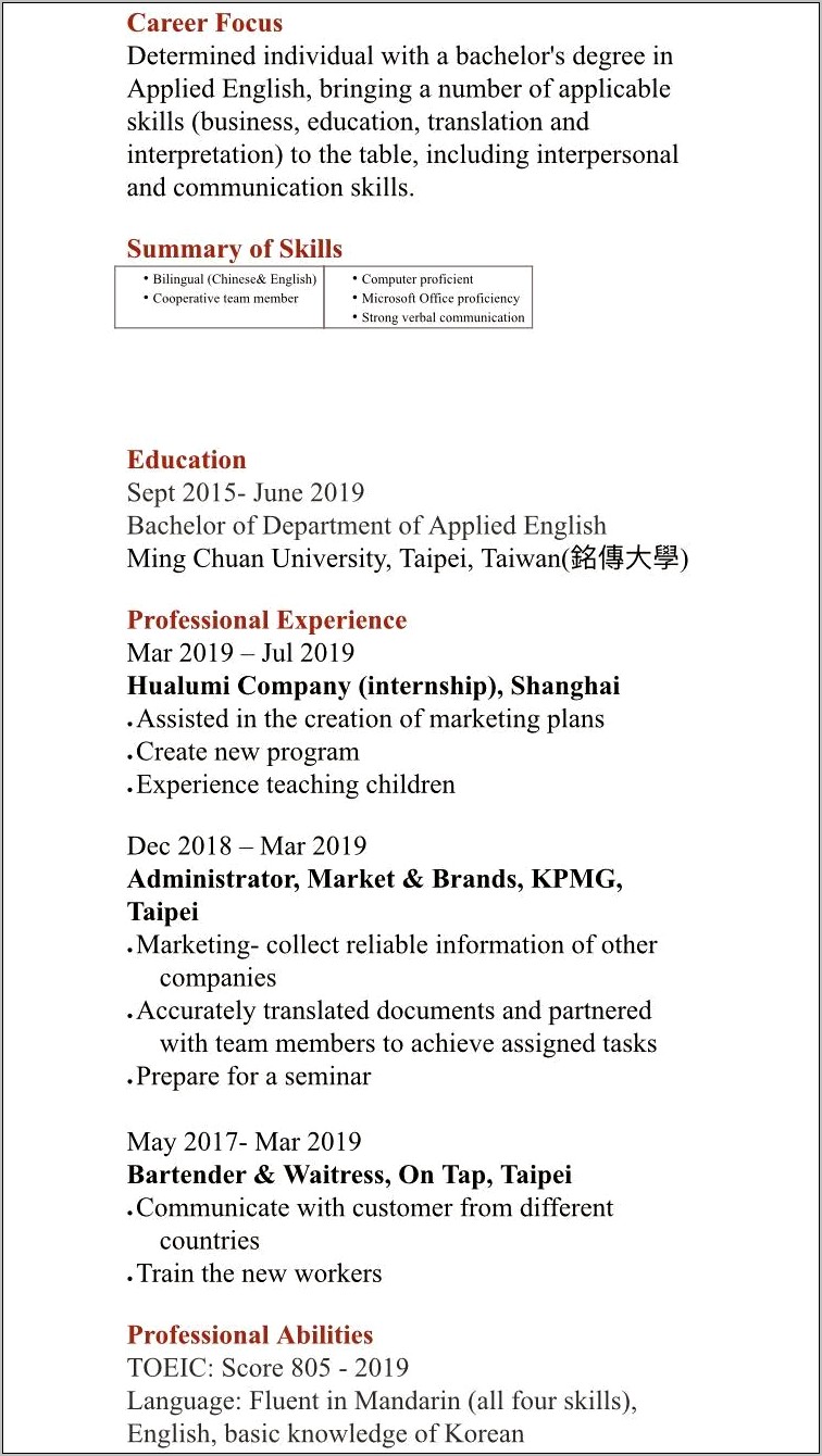 Sample Resume Format For H1b