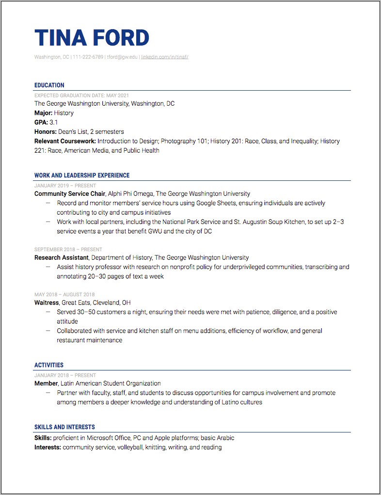 Sample Resume Format For Internship