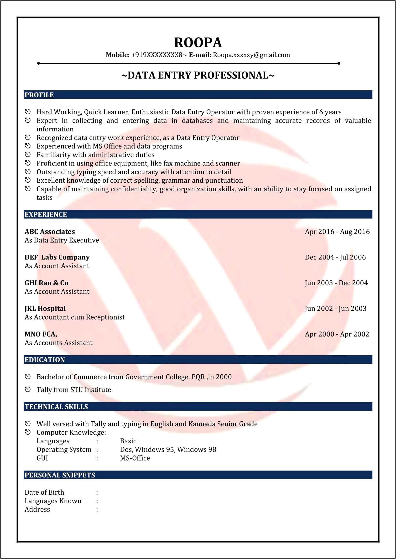 Sample Resume Format Pdf India