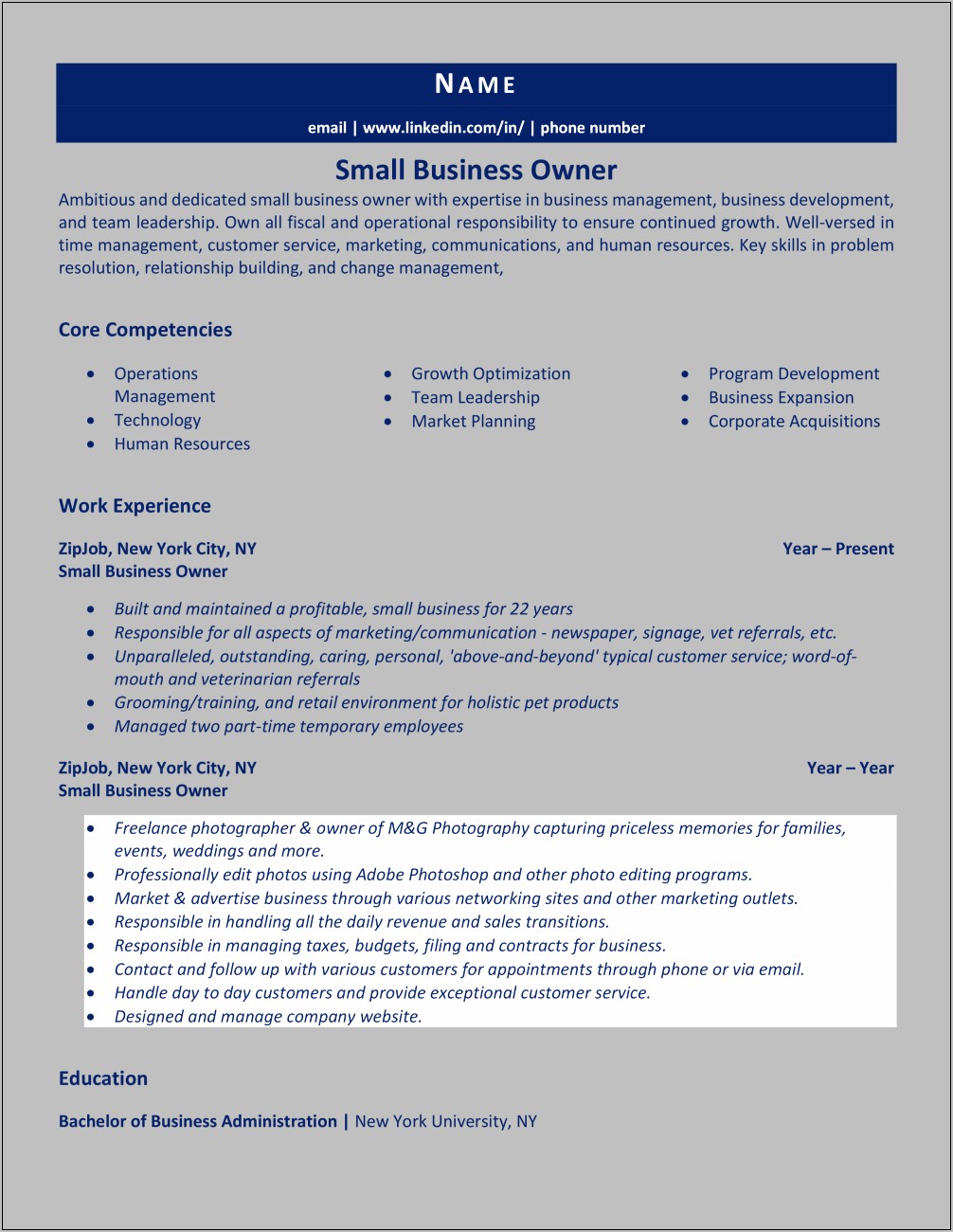 Sample Resume Former Business Owner