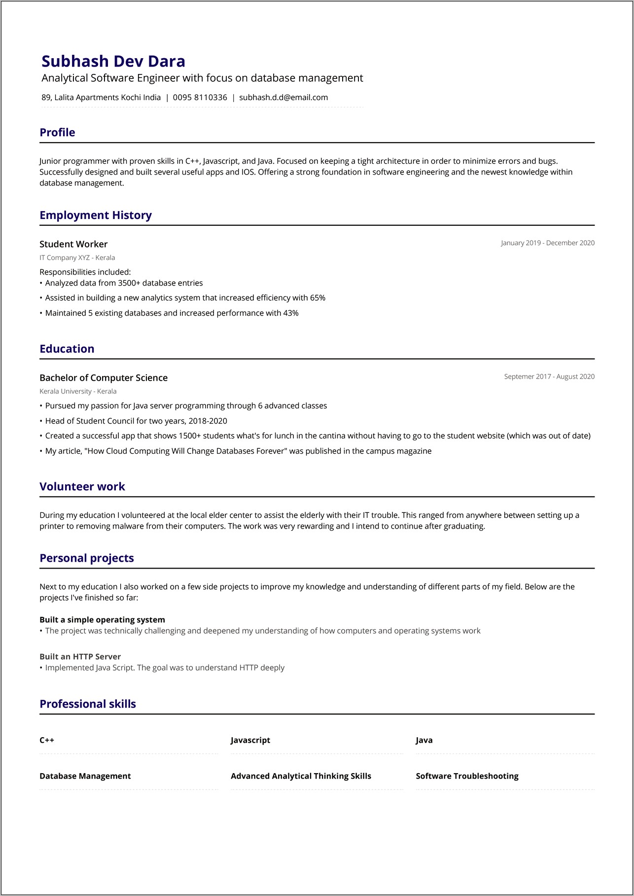 Sample Resume Fresher In India