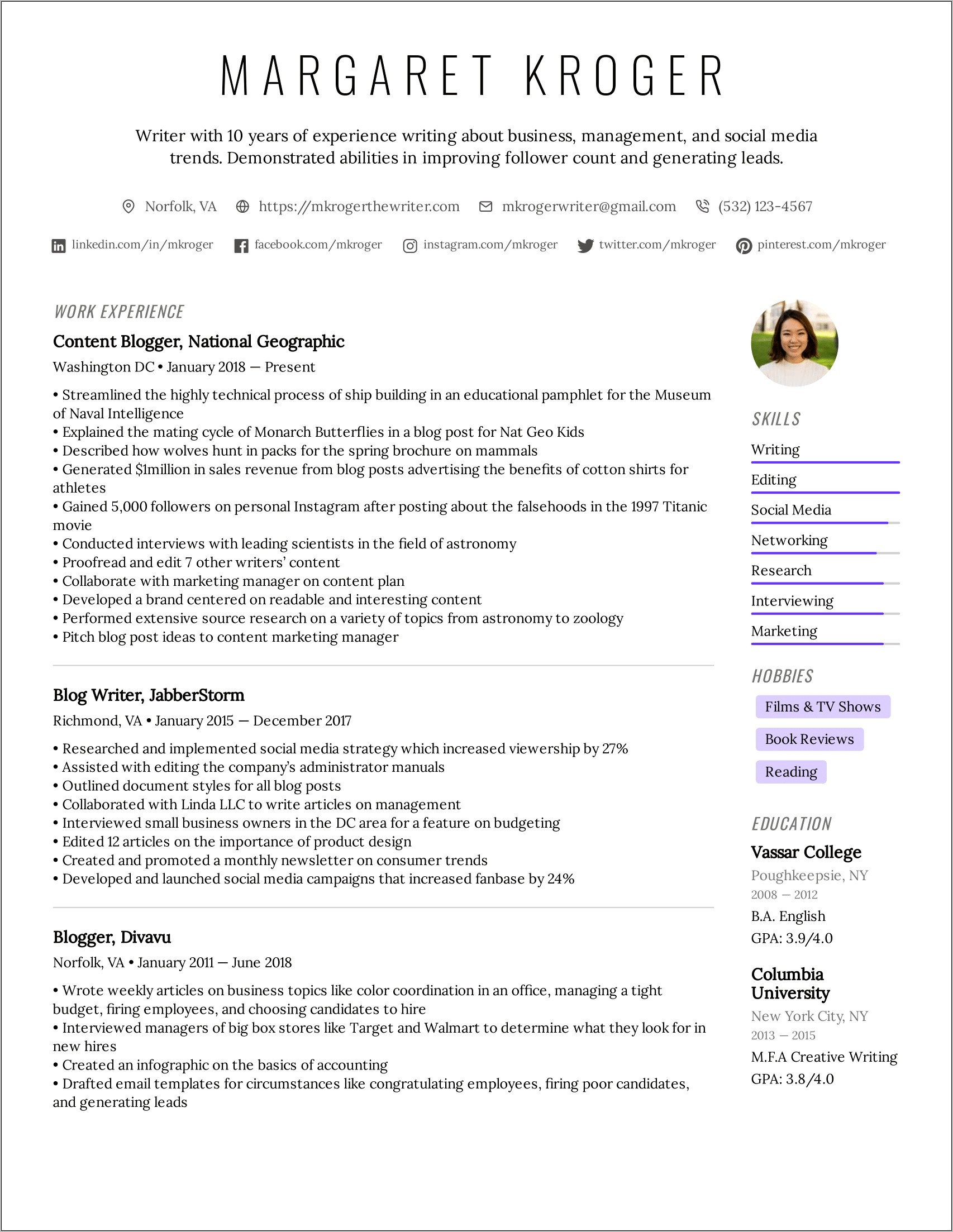 Sample Resume From Freelance Writers