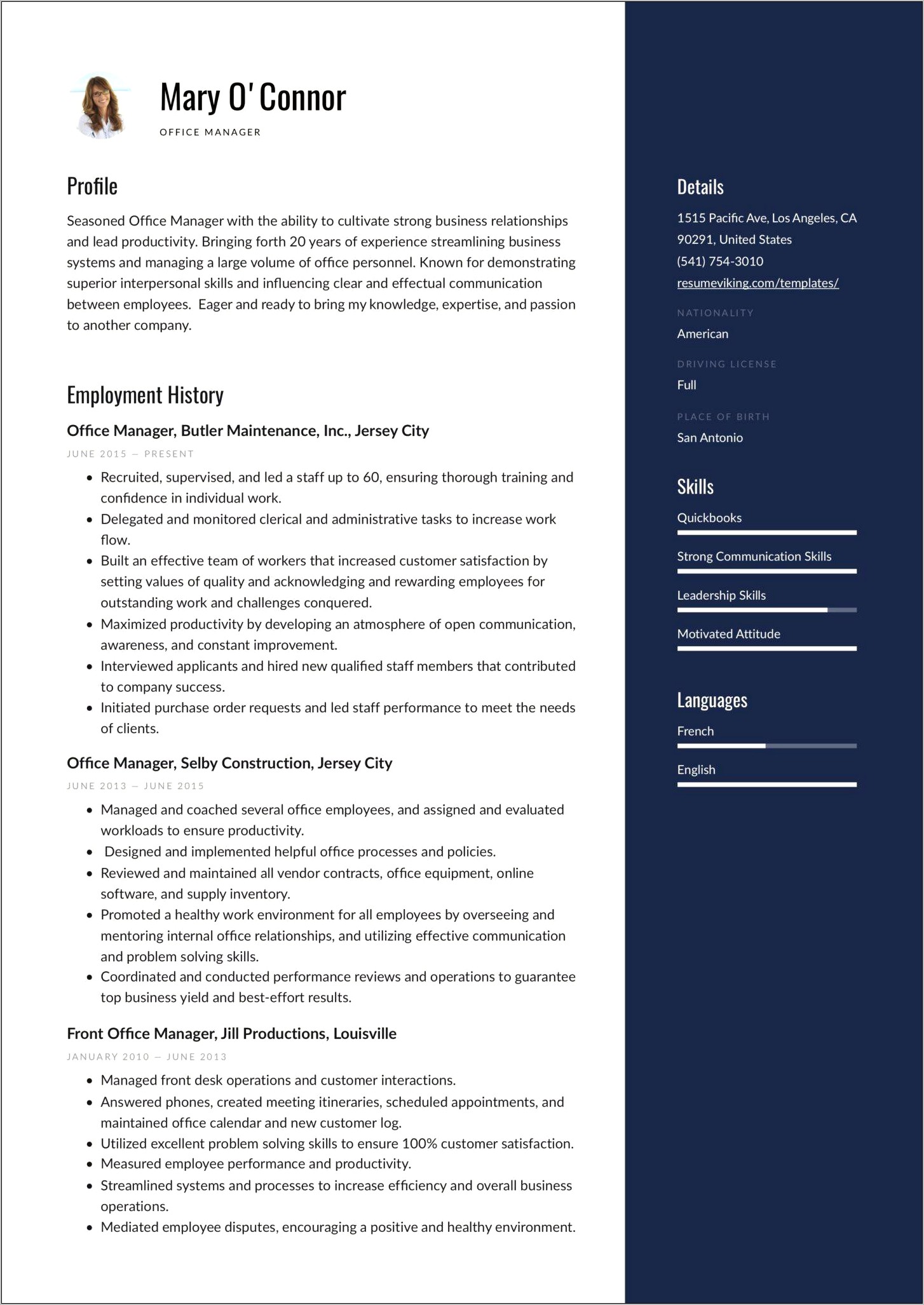 Sample Resume Front Office Manager