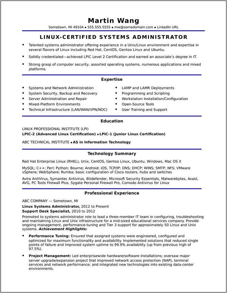 Sample Resume Heldesk Tier One