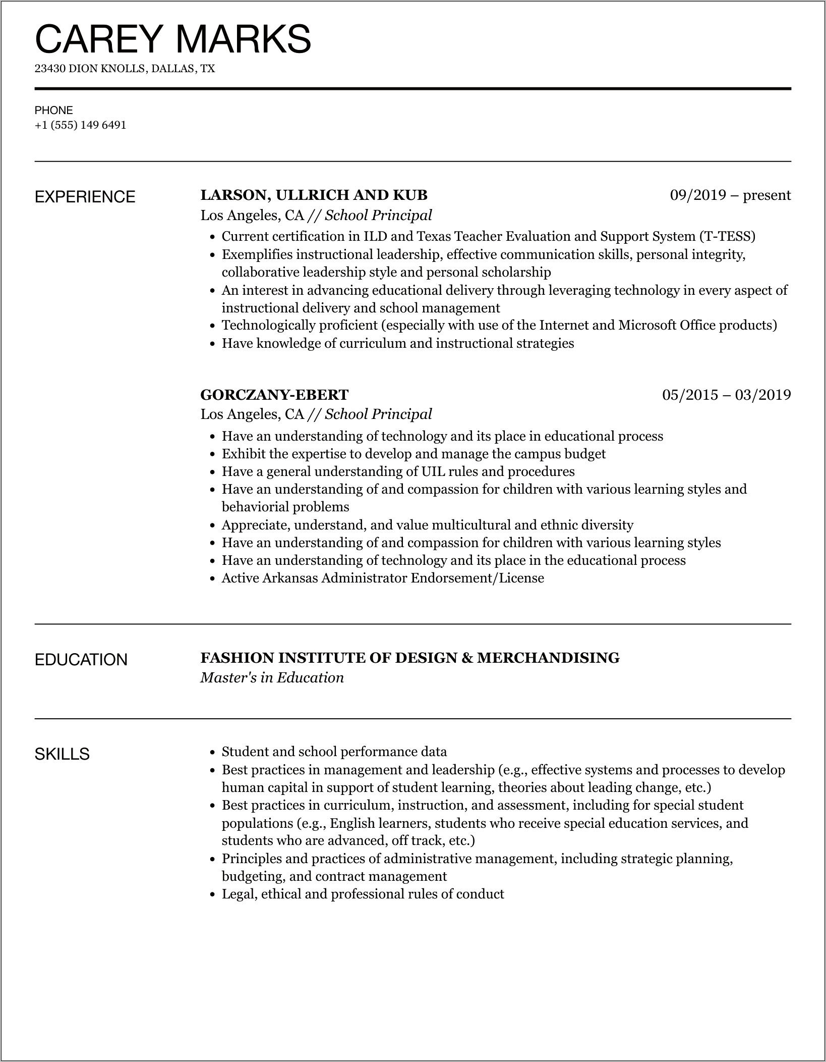 Sample Resume High School Principal