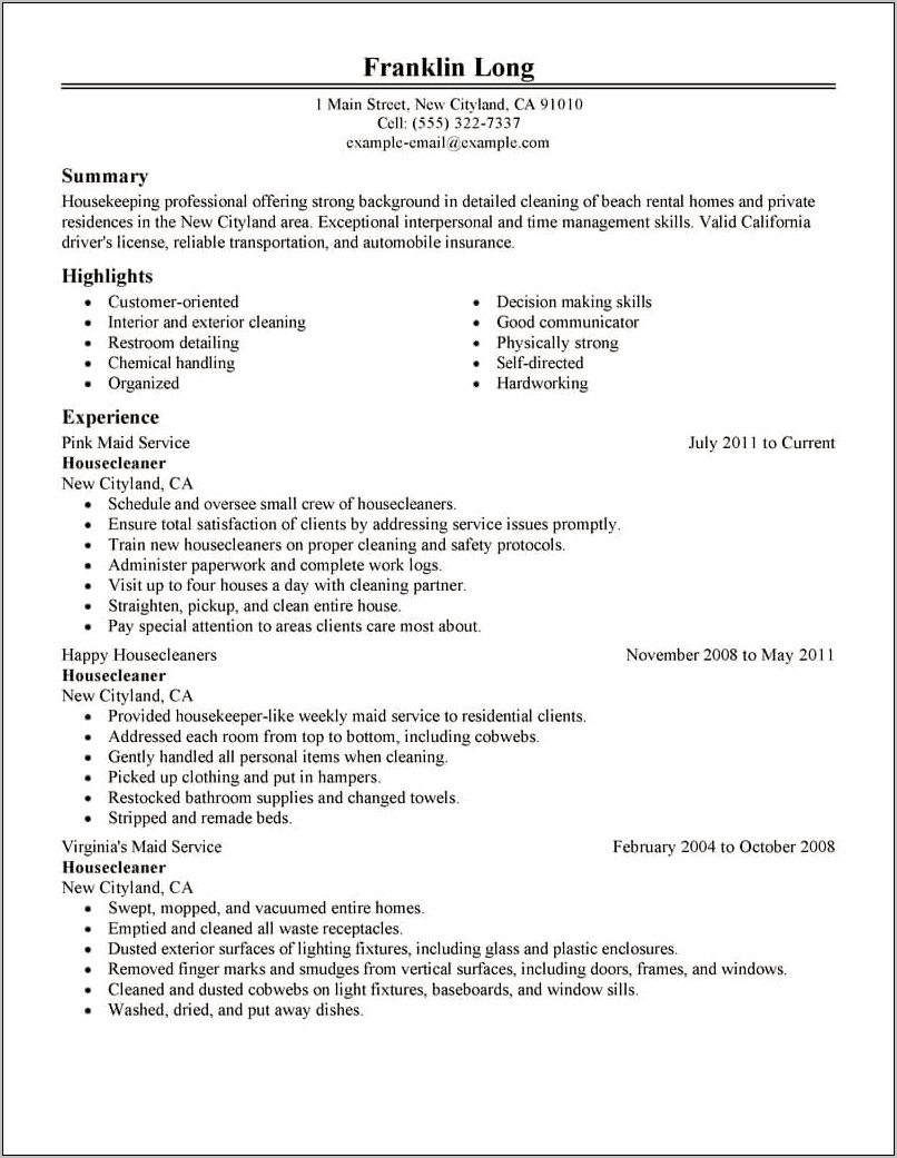 Sample Resume House Cleaning Job