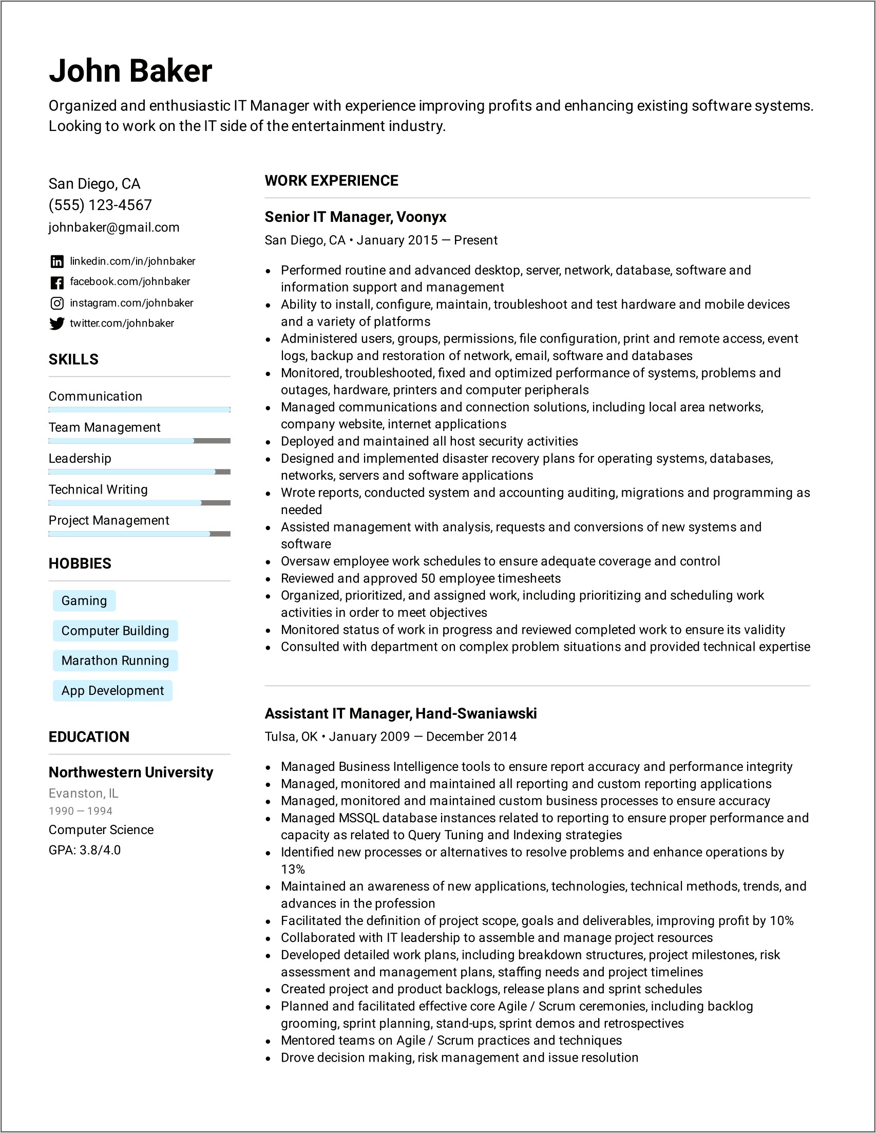 Sample Resume Information Technology Manager