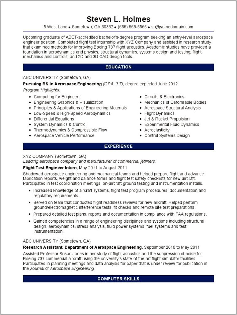 Sample Resume Internship Aerospace Engineering