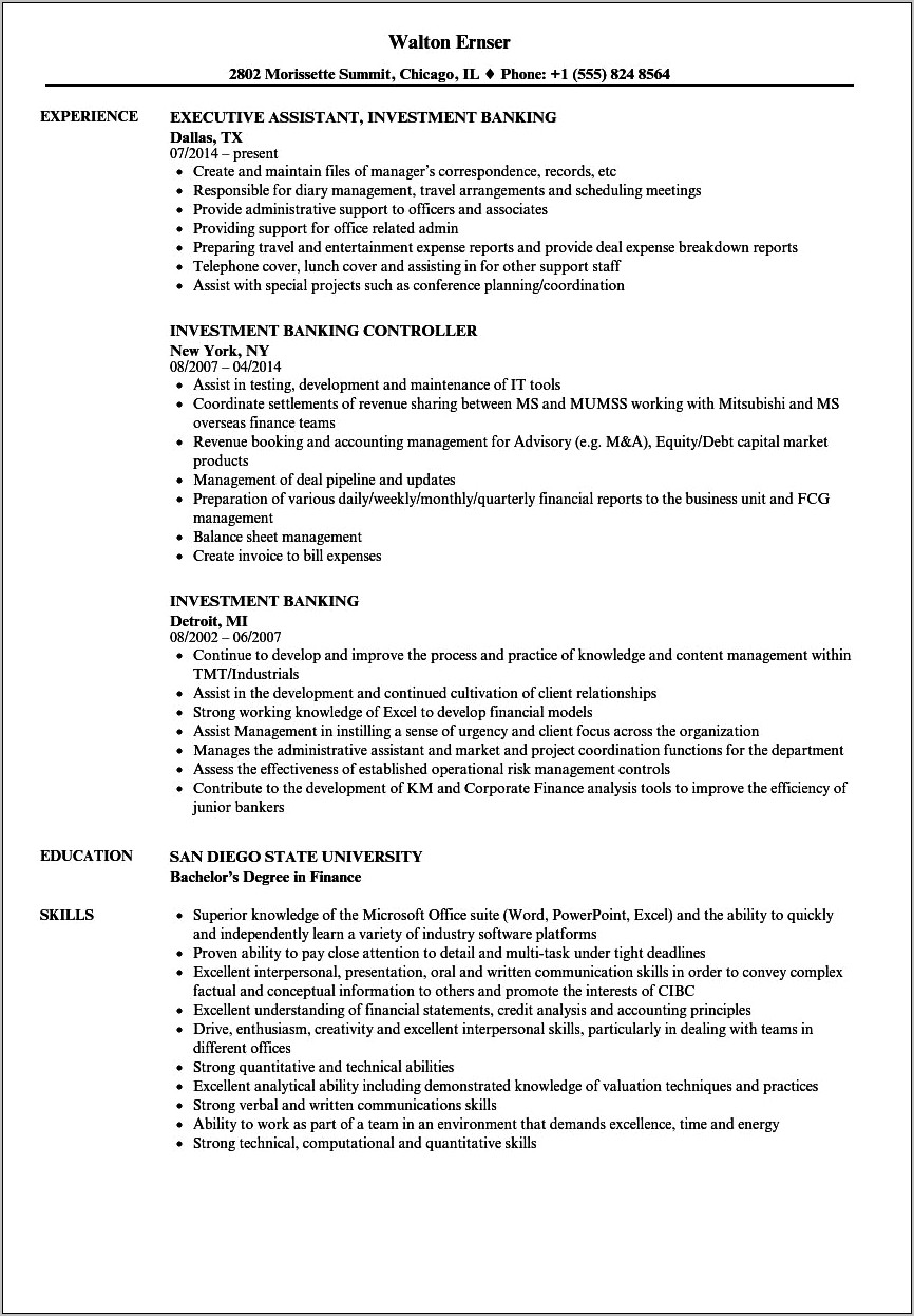 Sample Resume Investment Banking Executive