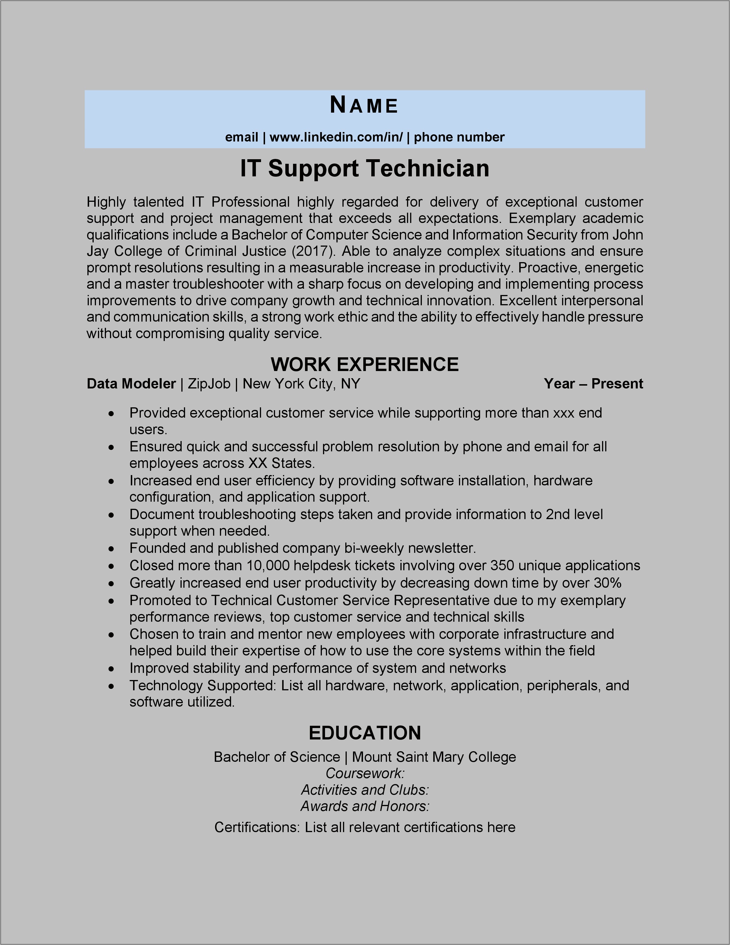 Sample Resume It Support Technician