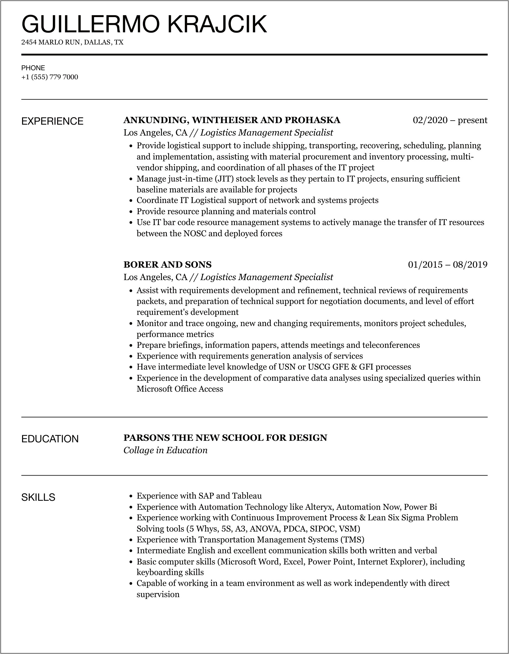 Sample Resume Logistics Management Specialist