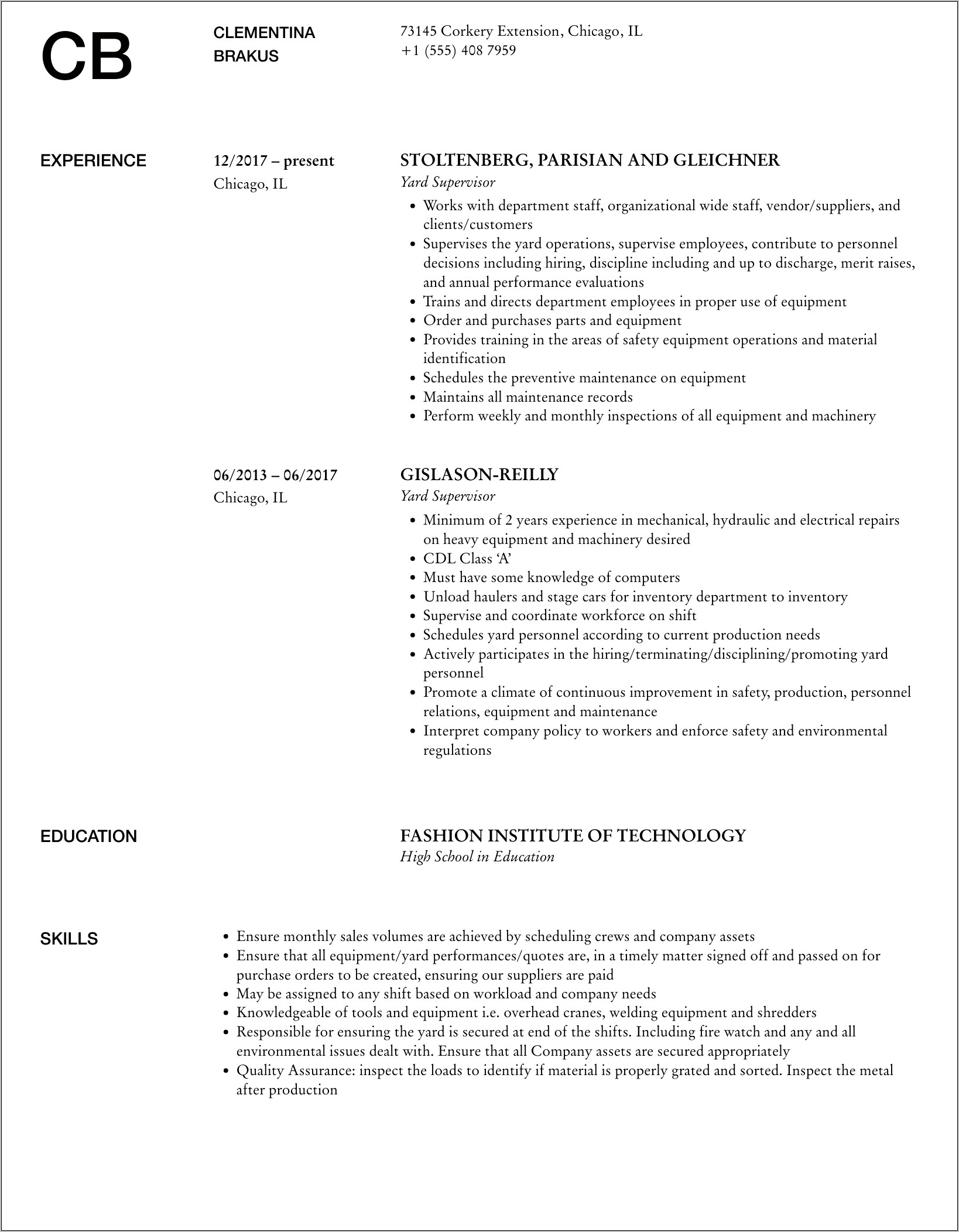 Sample Resume Lumber Yard Manager