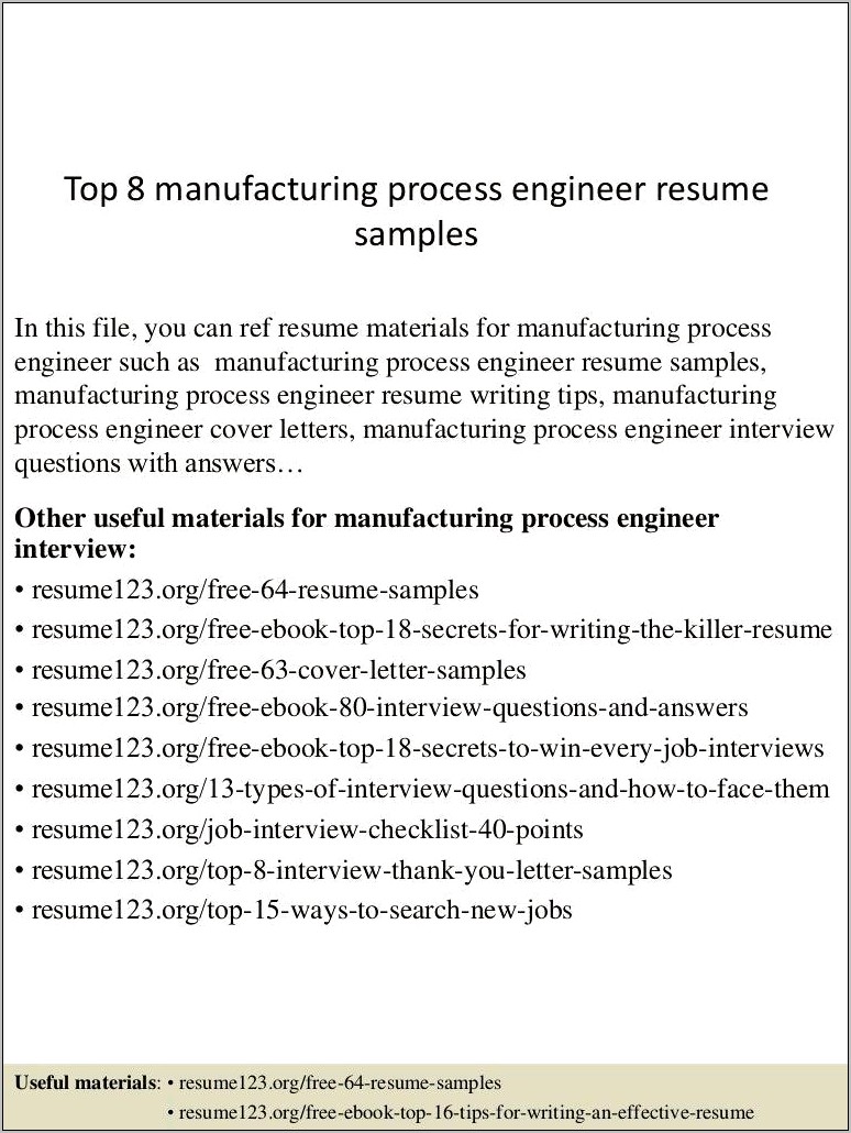 Sample Resume Manufacturing Process Engineer