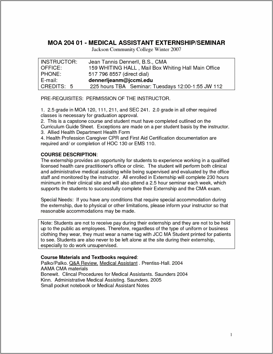 Sample Resume Medical Assistant Externship