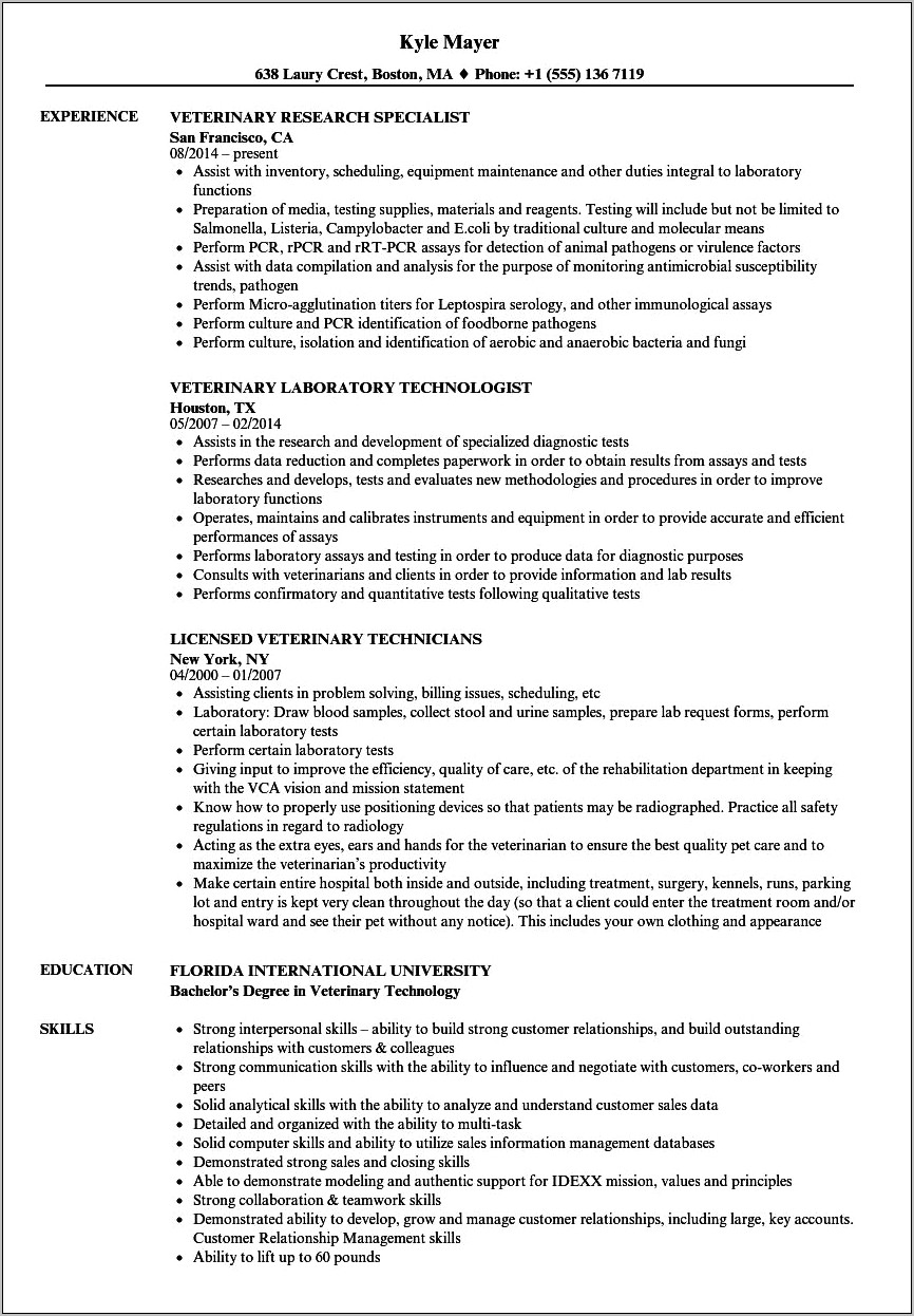 Sample Resume Objective For Veterinarian