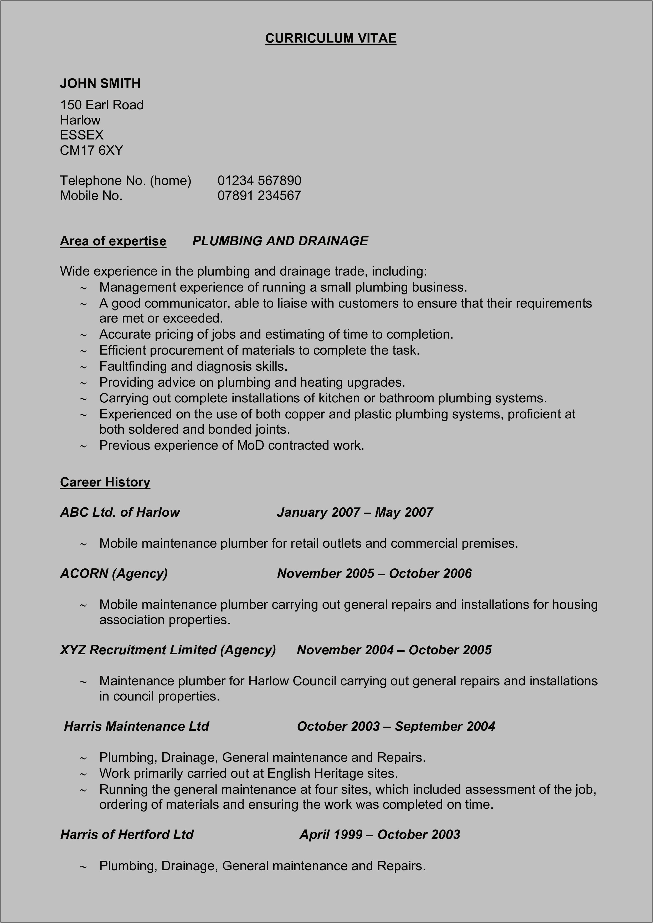 Sample Resume Of A Plumber