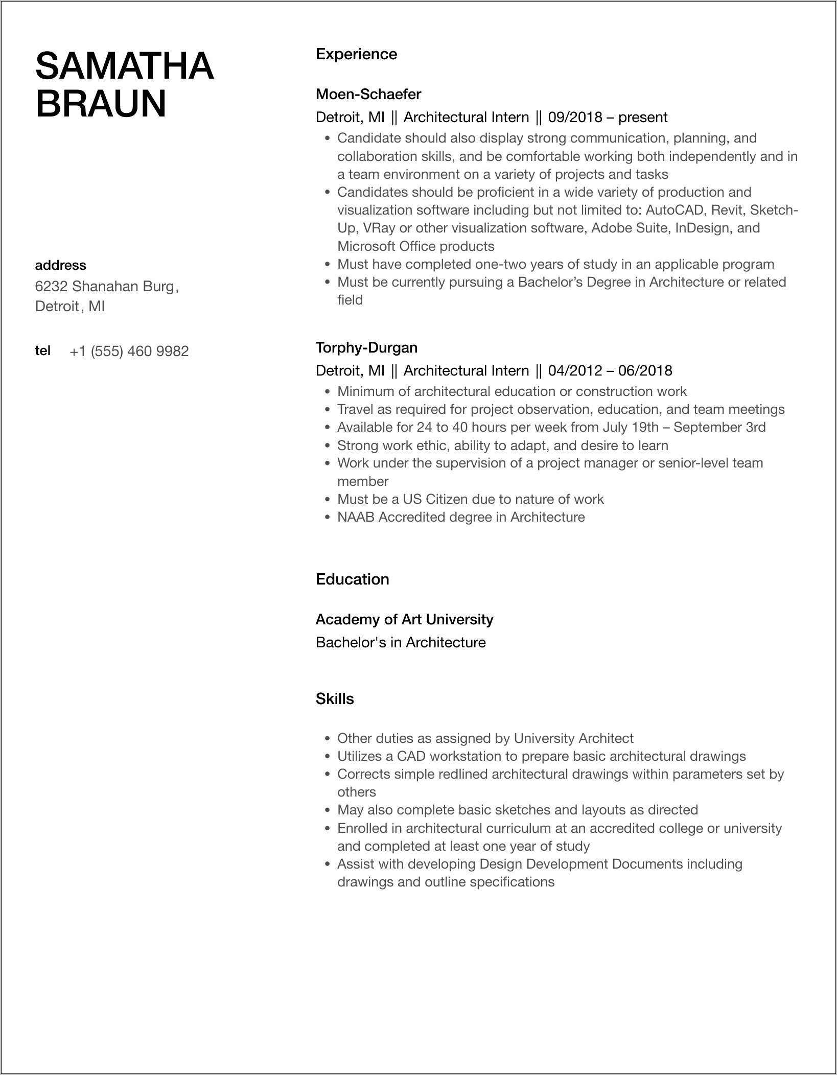 Sample Resume Of Architecture Student