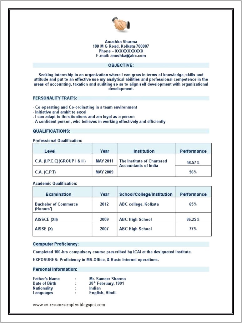 Sample Resume Of Ca Articleship