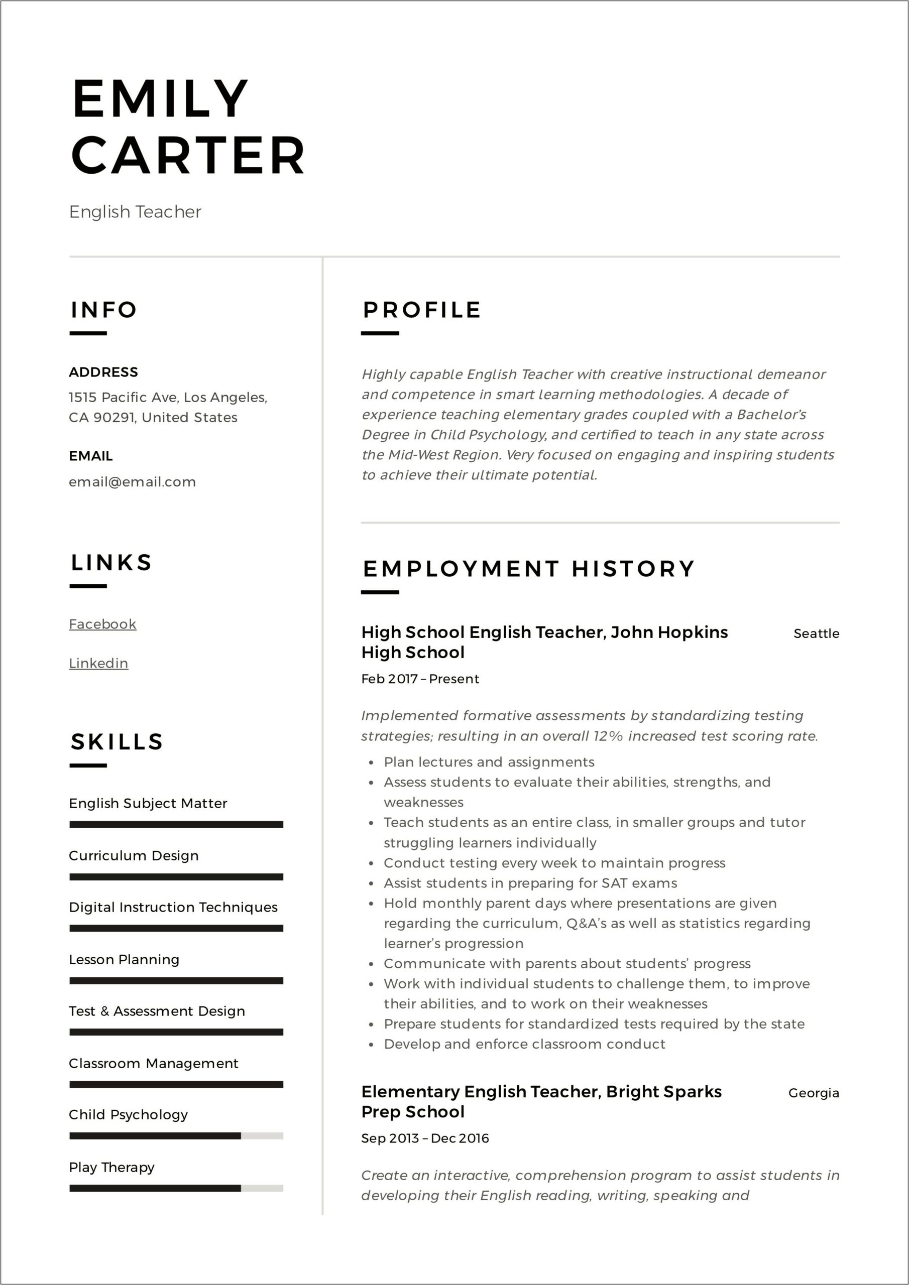 Sample Resume Of English Teachers