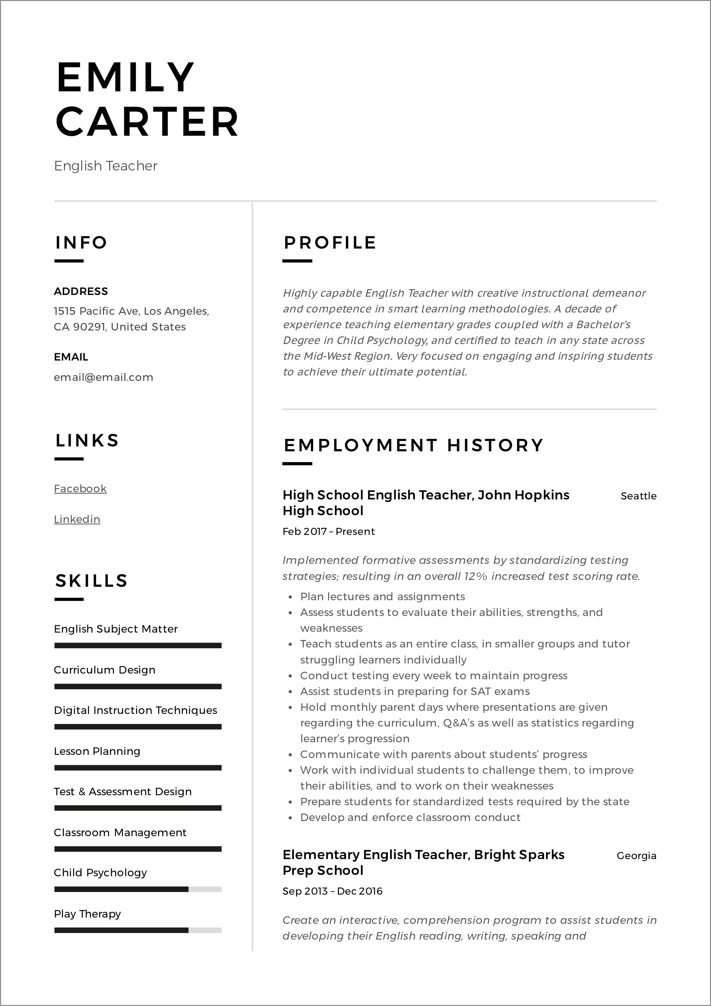 Sample Resume Of English Teachers