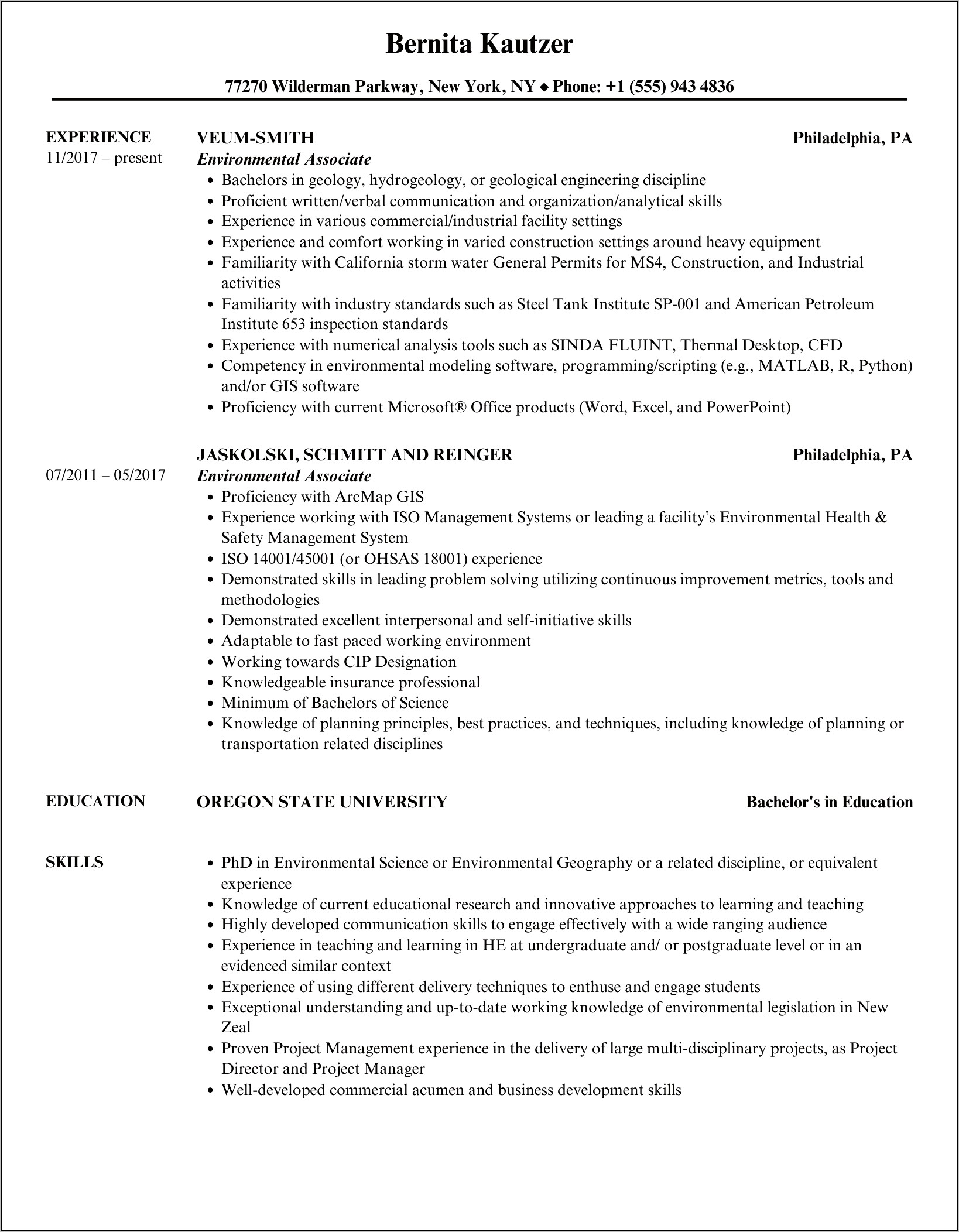 Sample Resume Of Environmental Activist