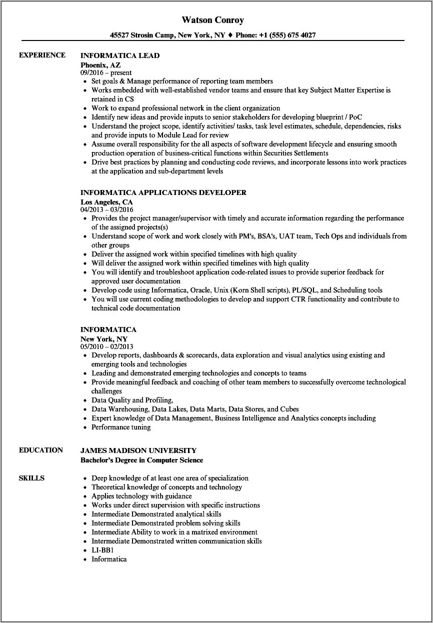 Sample Resume Of Informatica Developer