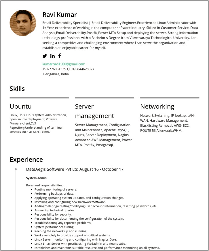 Sample Resume Of Linux Administrator