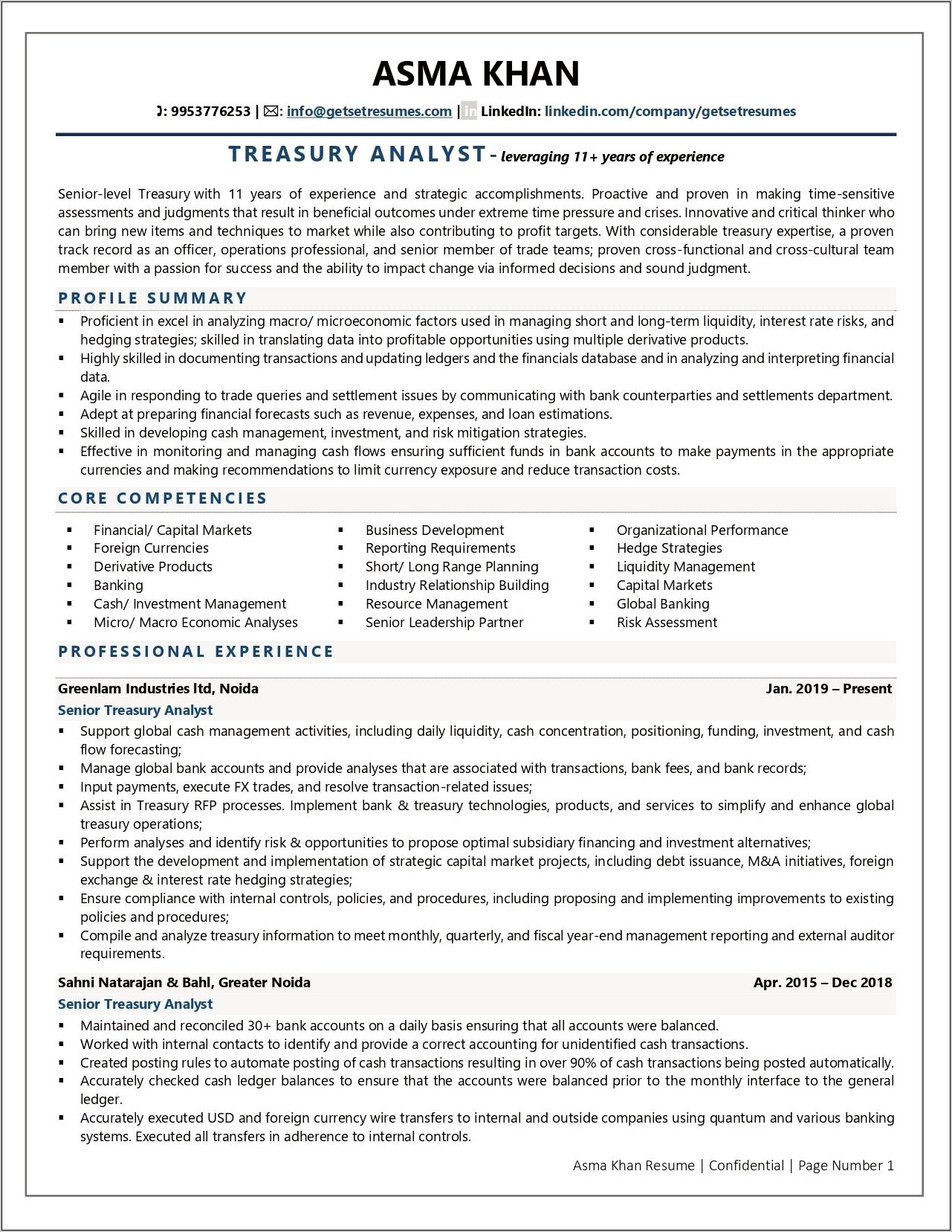 Sample Resume Of Treasury Assistant