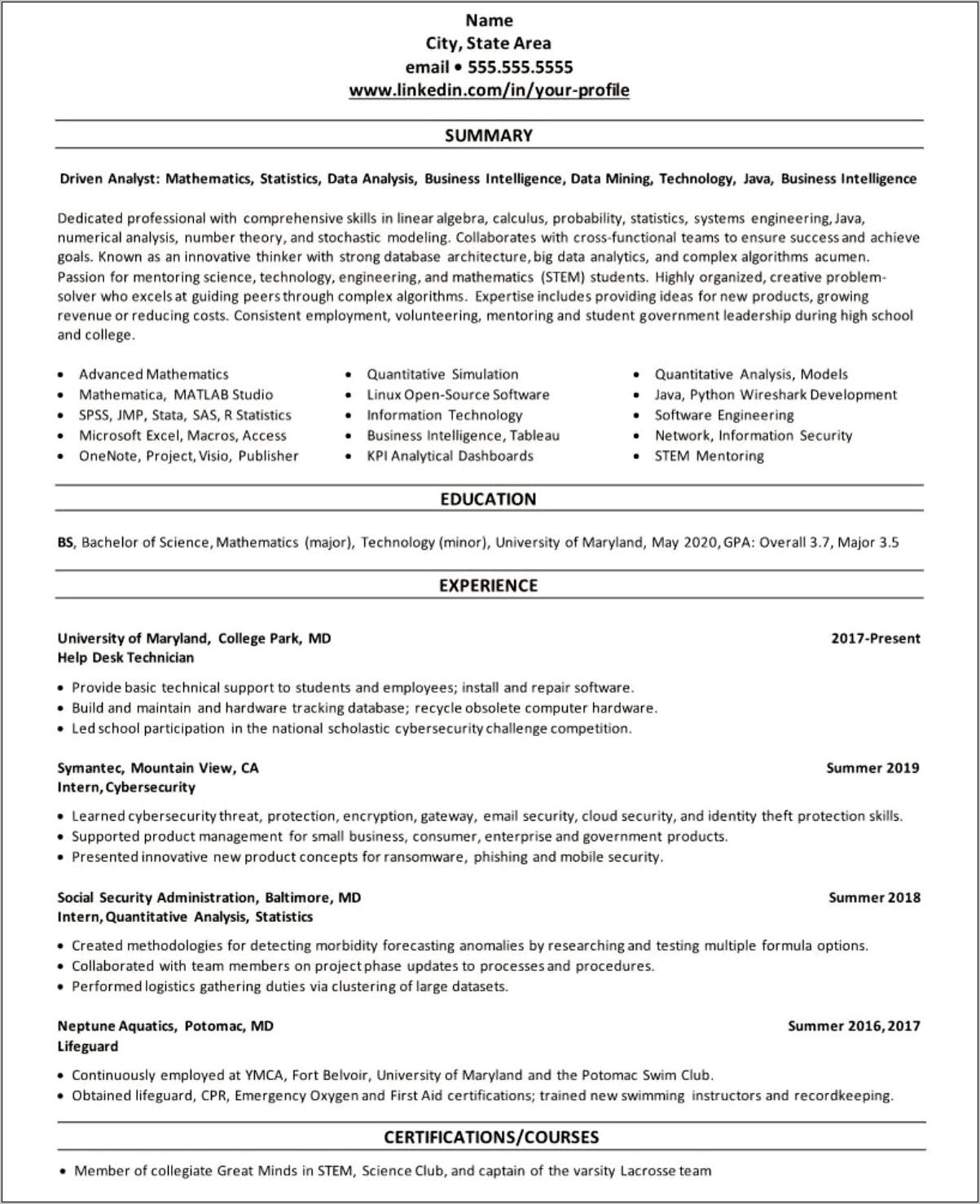 Sample Resume Of University Student