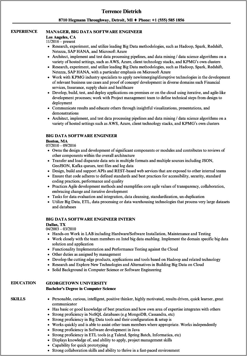 Sample Resume On Big Data