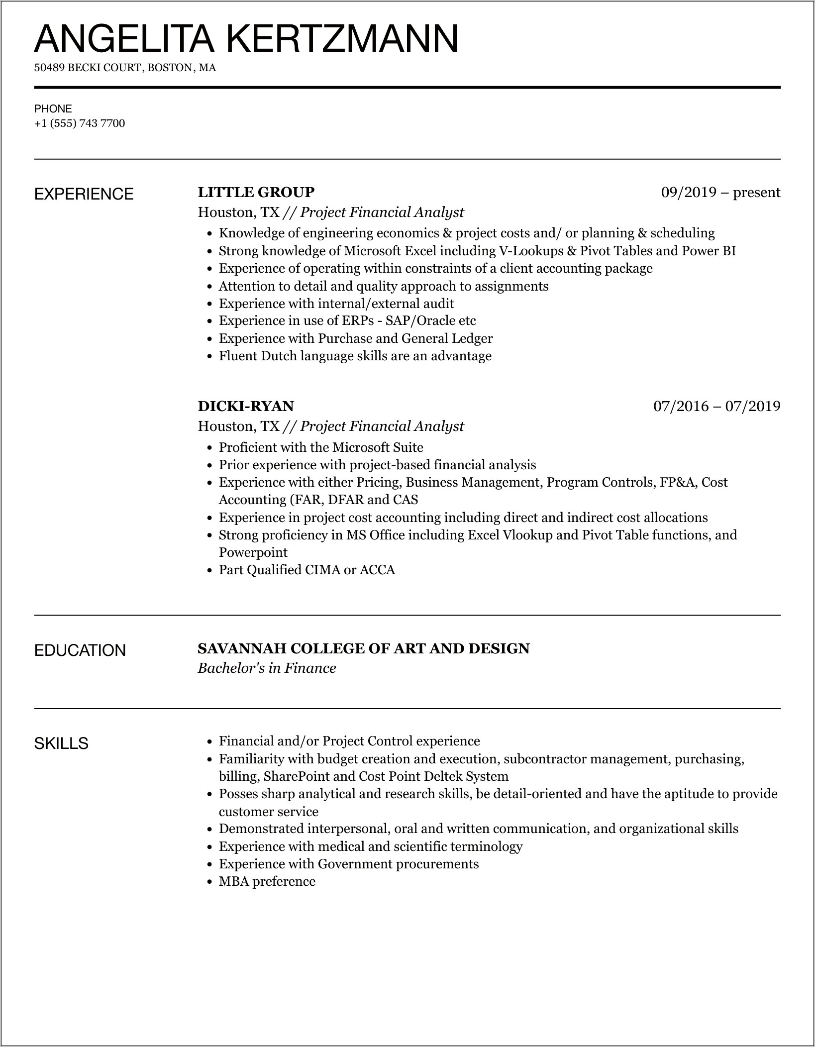 Sample Resume Project Finance Analyst