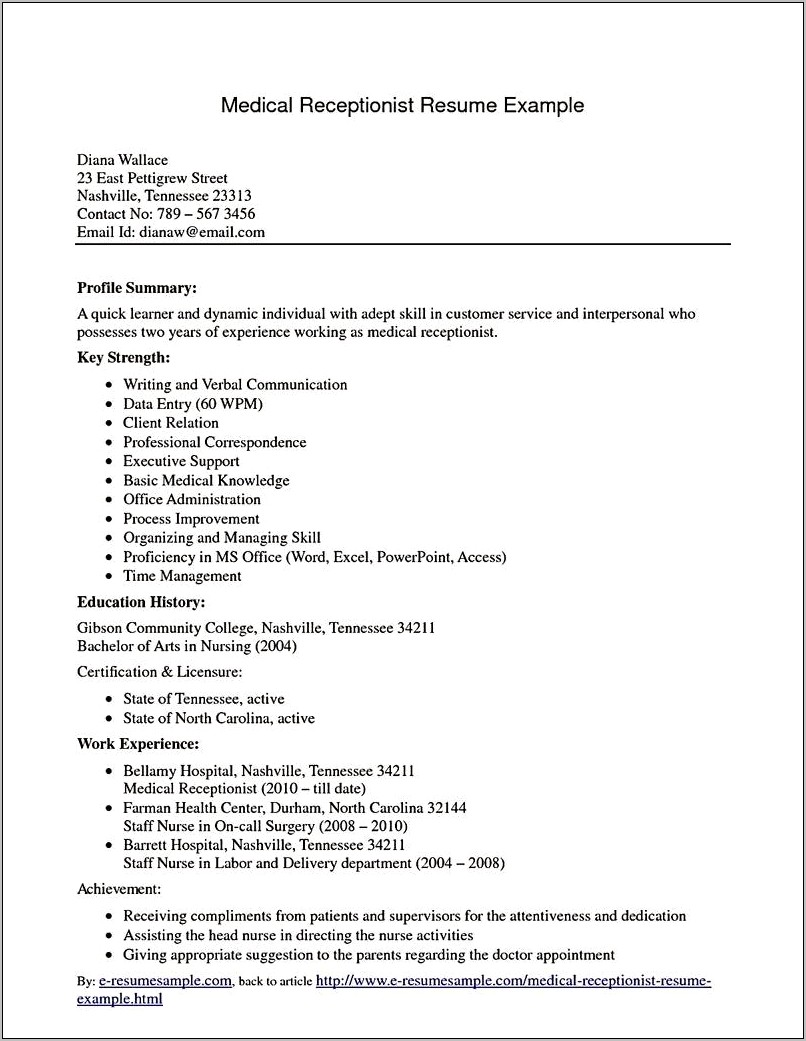 Sample Resume Receptionist Filetype Pdf