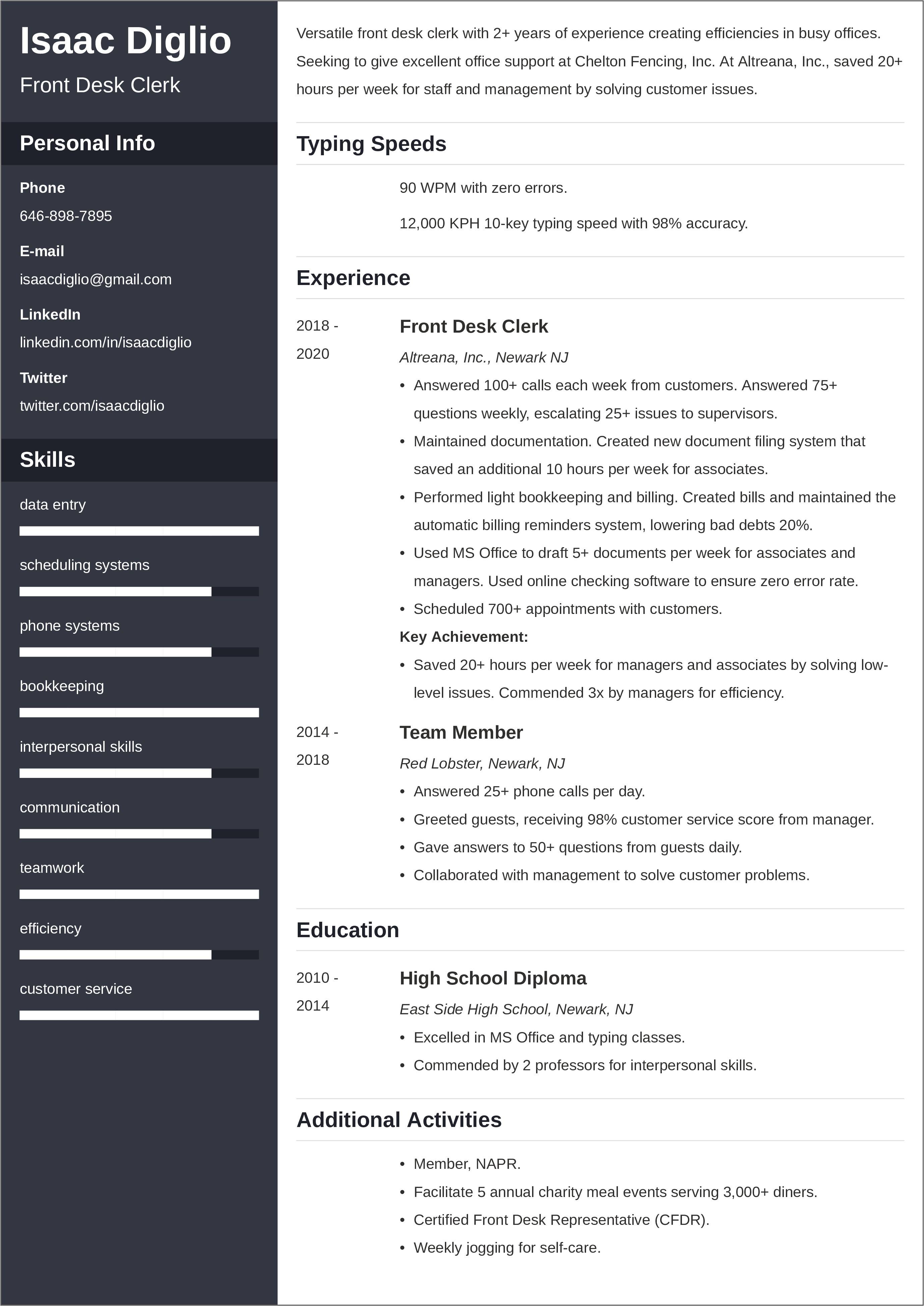 Sample Resume Receptionist Front Desk