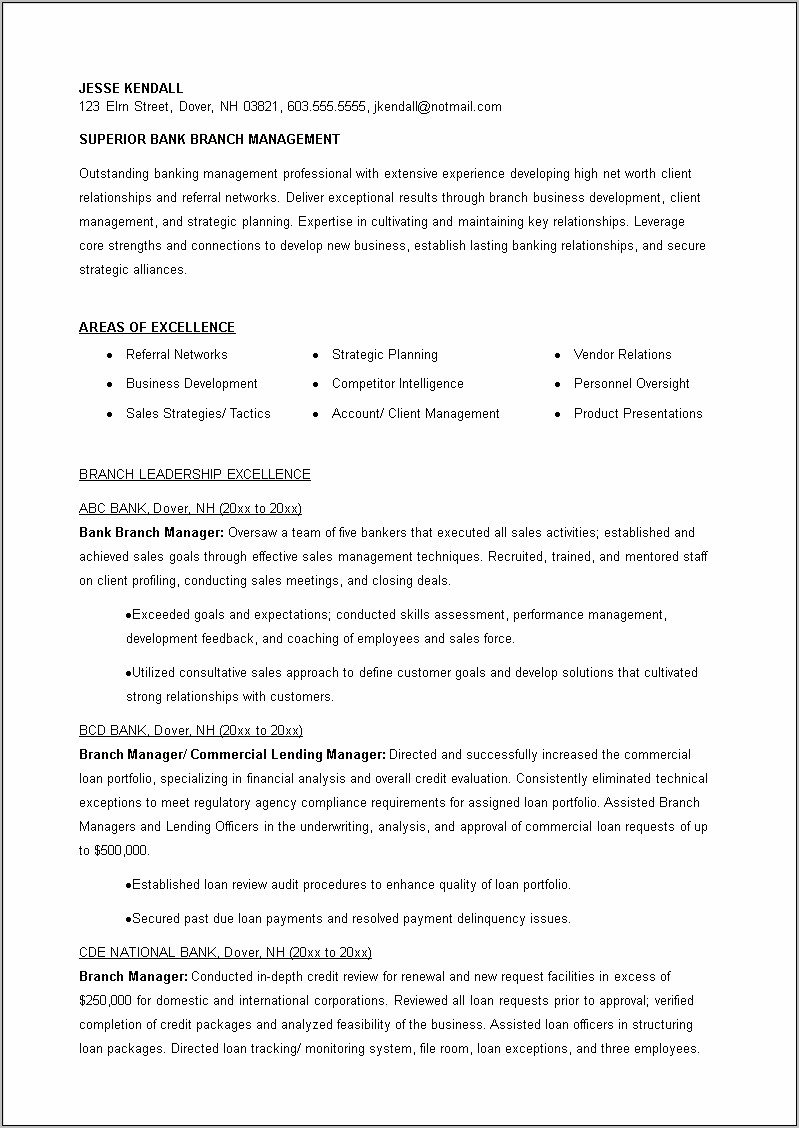 Sample Resume Sales Manager Banking