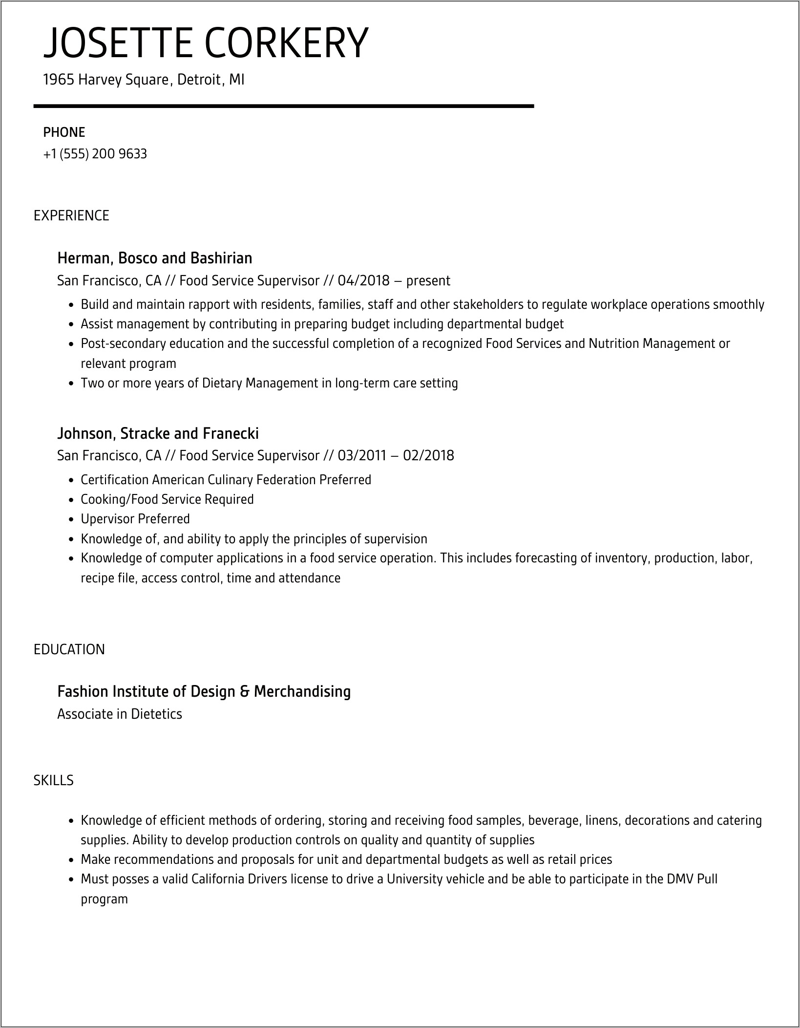 Sample Resume School Lunch Supervisor