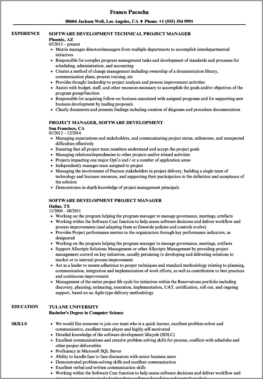 Sample Resume Software Development Manager