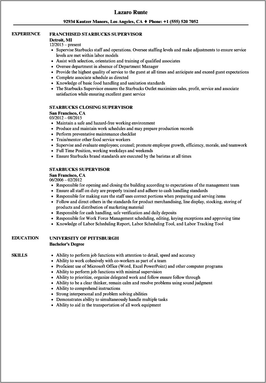 Sample Resume Starbucks Assistant Manager