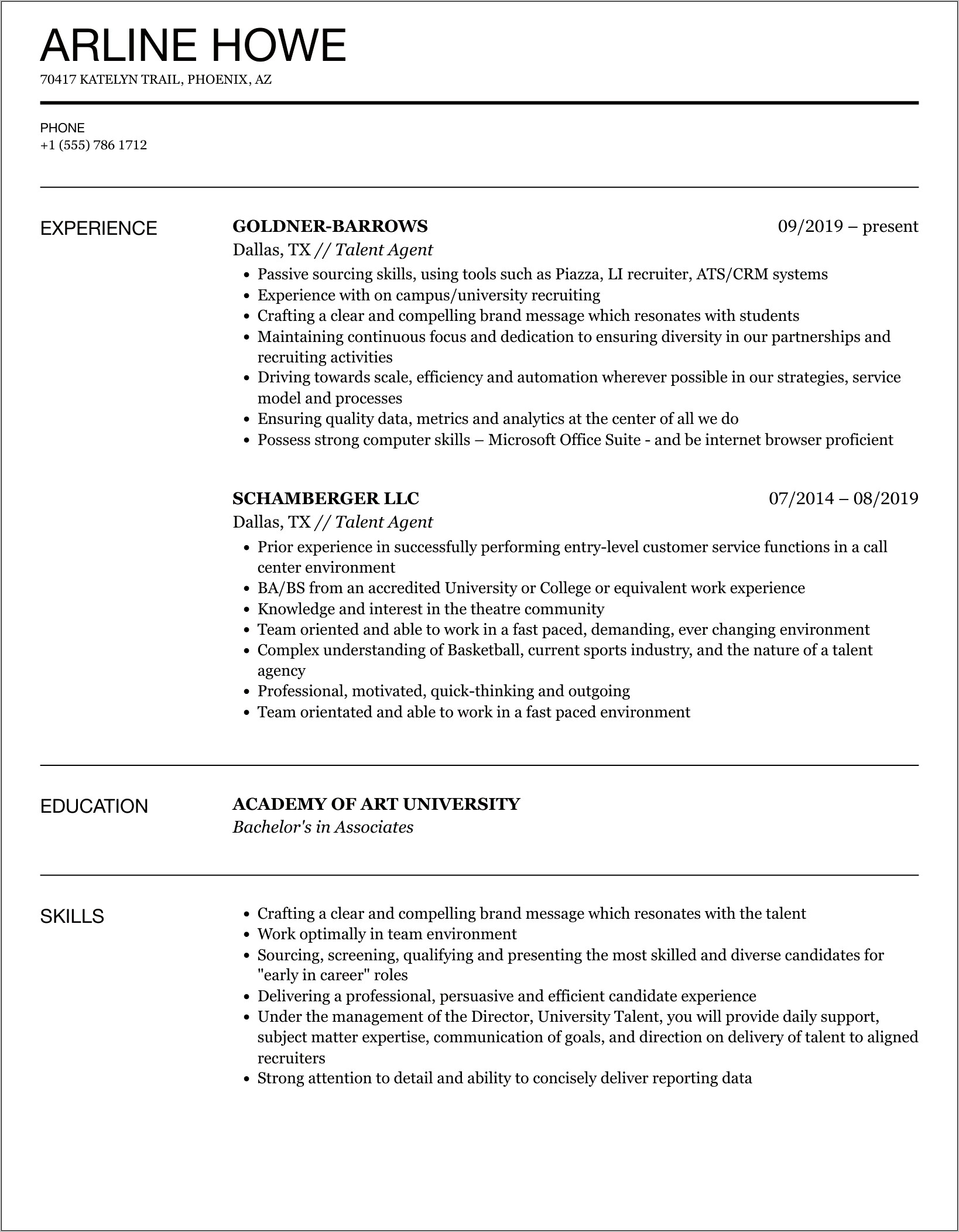 Sample Resume Talent Agent Assistant